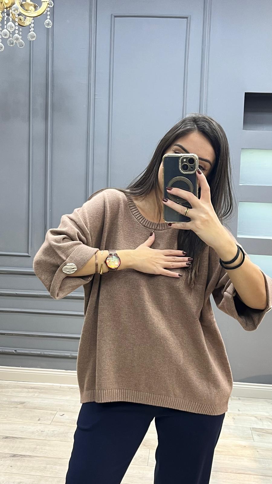 Kol düğmeli italyan angora bluz - Vizon