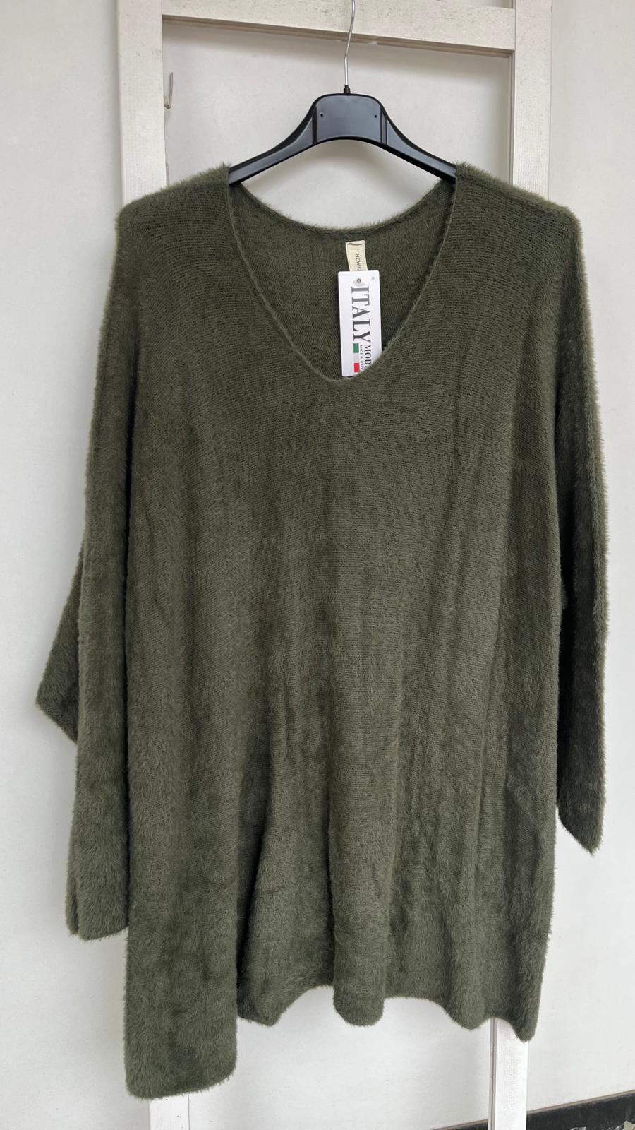 V Yaka Angora Bluz - Haki