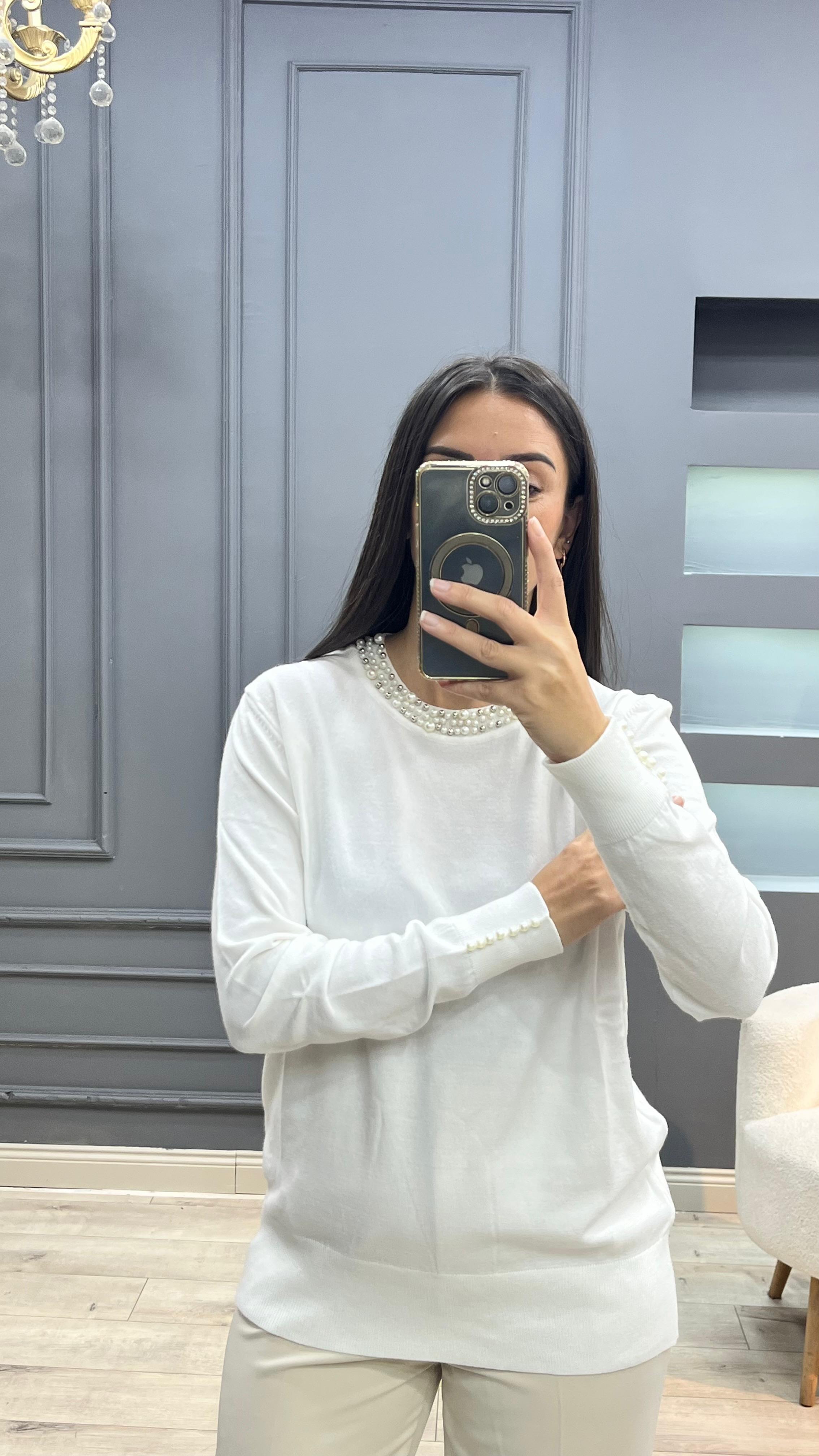 İnci Detaylı Triko - Beyaz