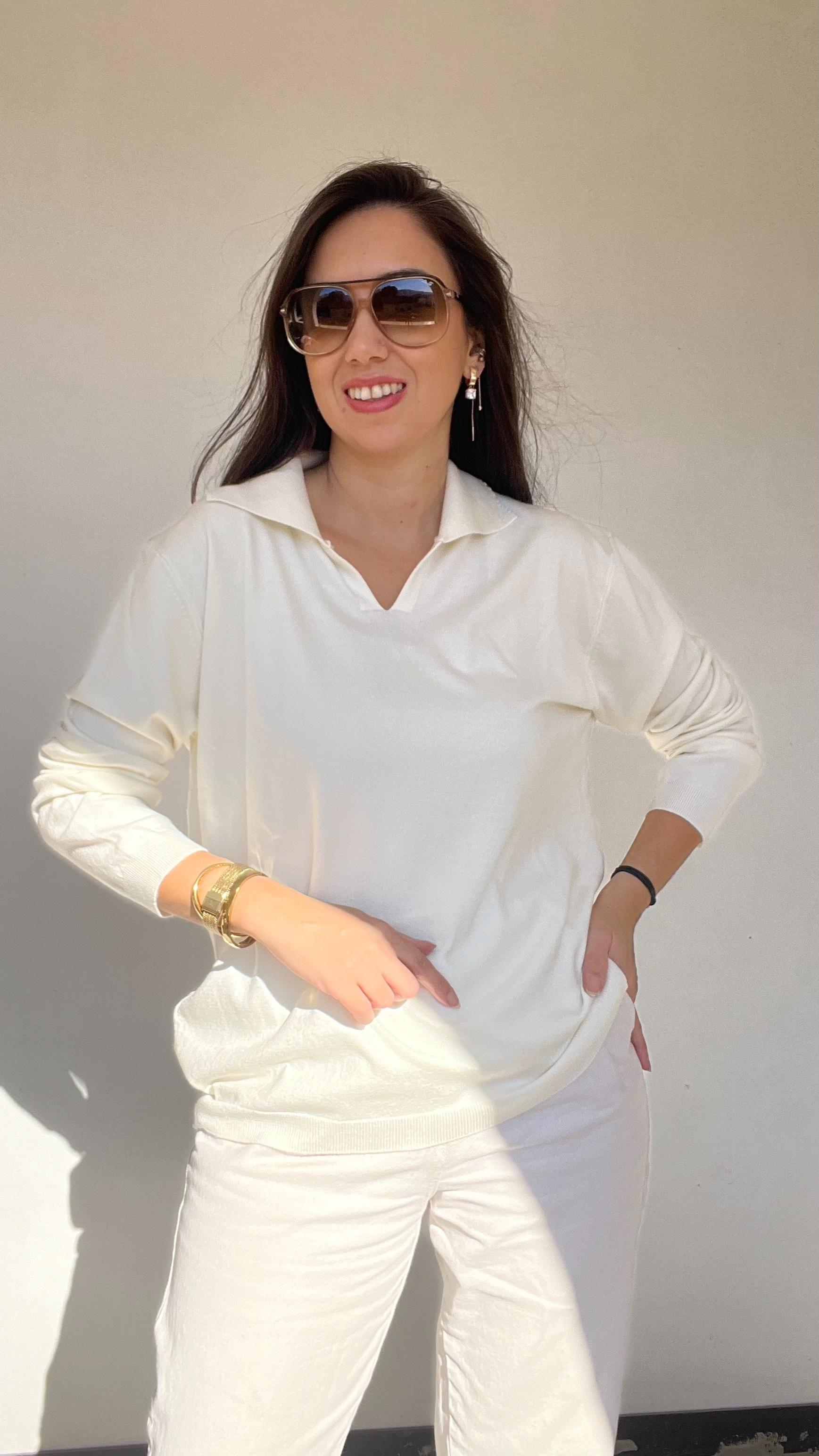 Polo Yaka İtalyan Angora Bluz - Beyaz