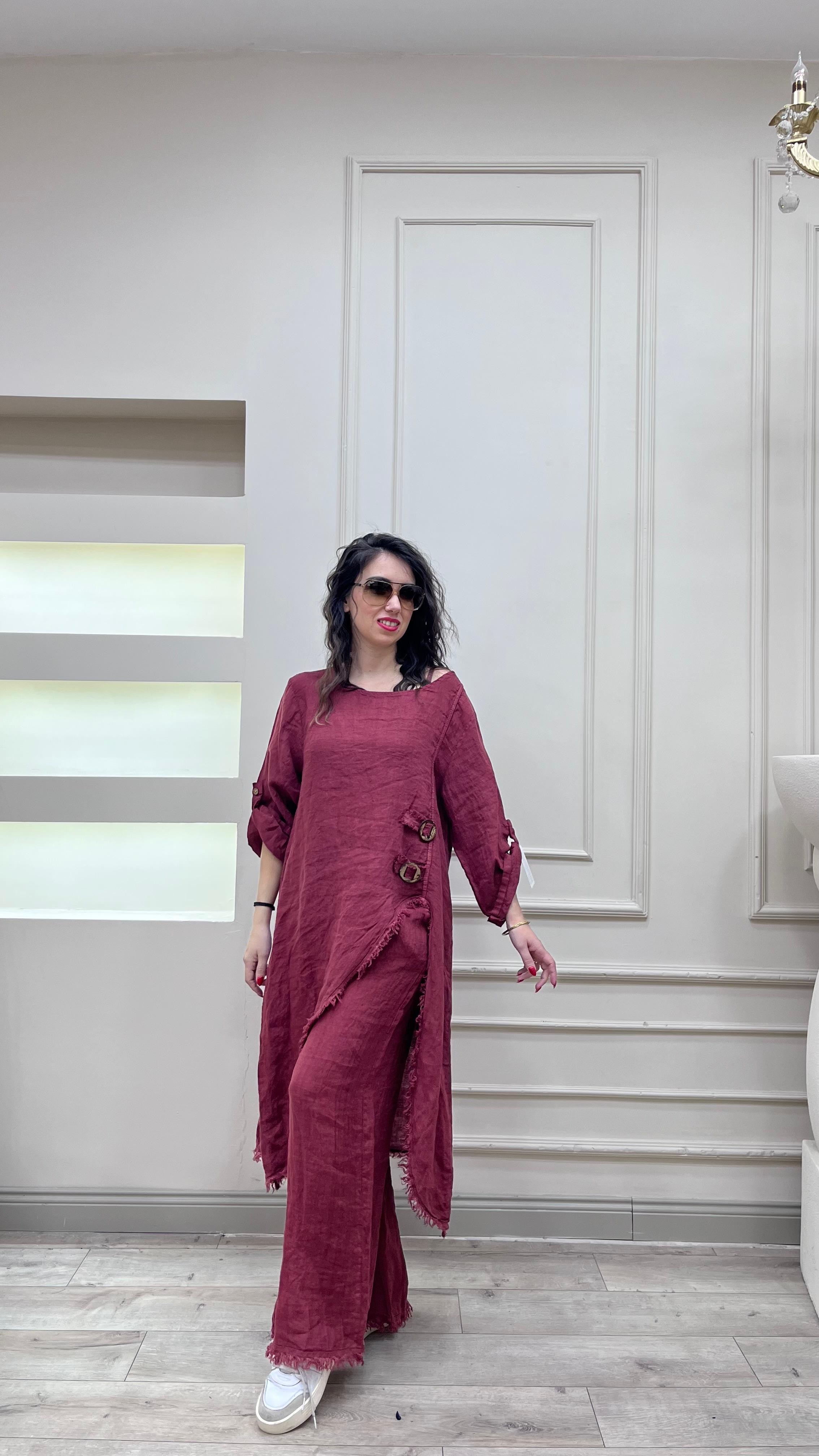 Düğmeli Keten Takım - Bordo