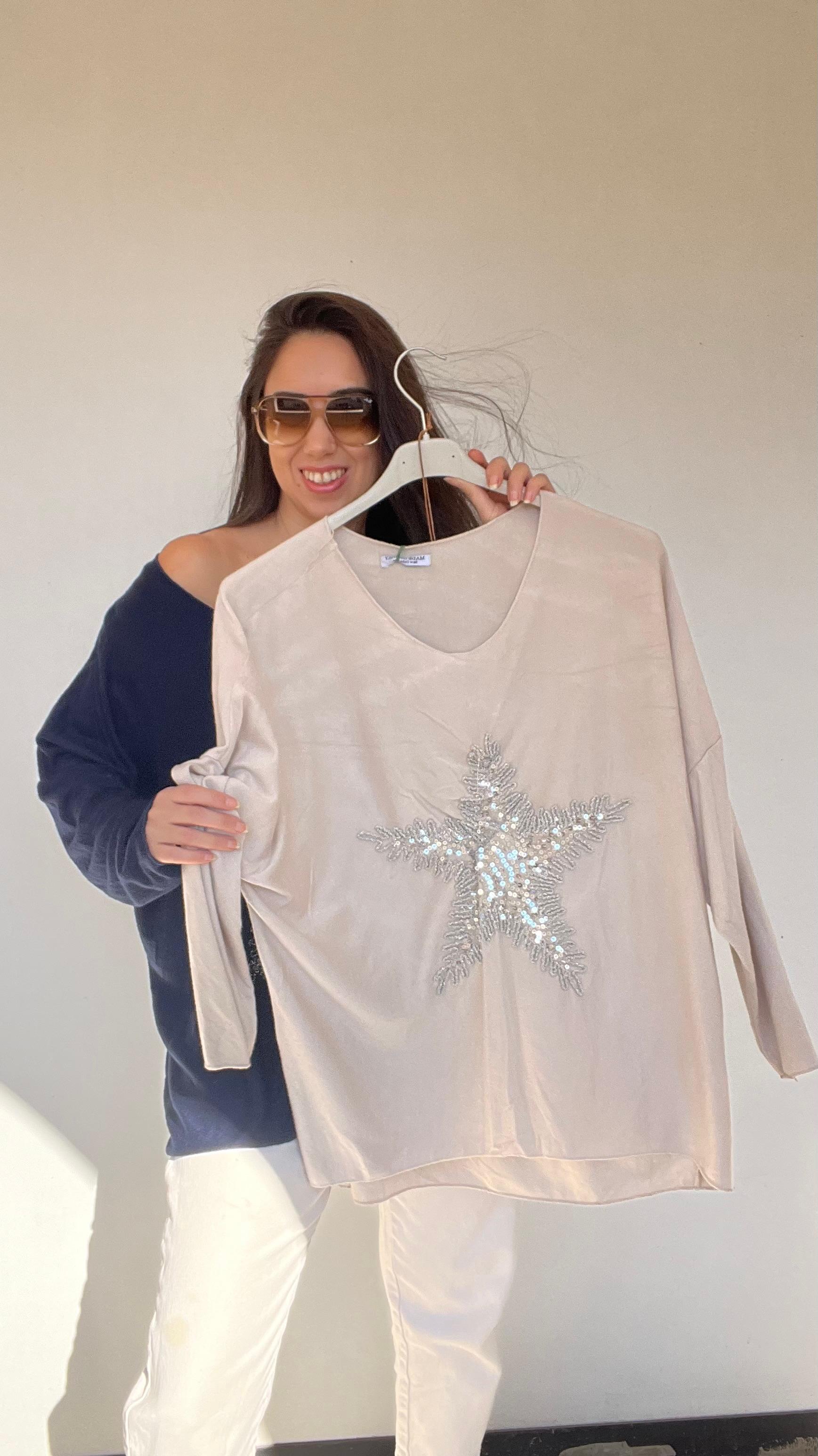 Standart Yıldız Desenli Bluz - Taş