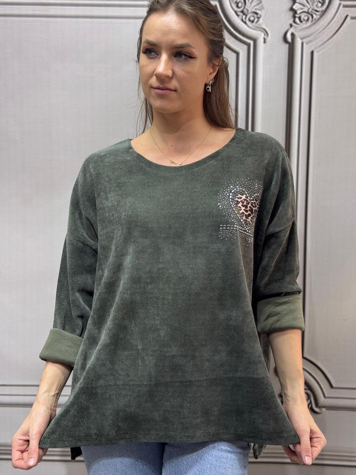 Kadife Büyük Beden Bluz - Haki