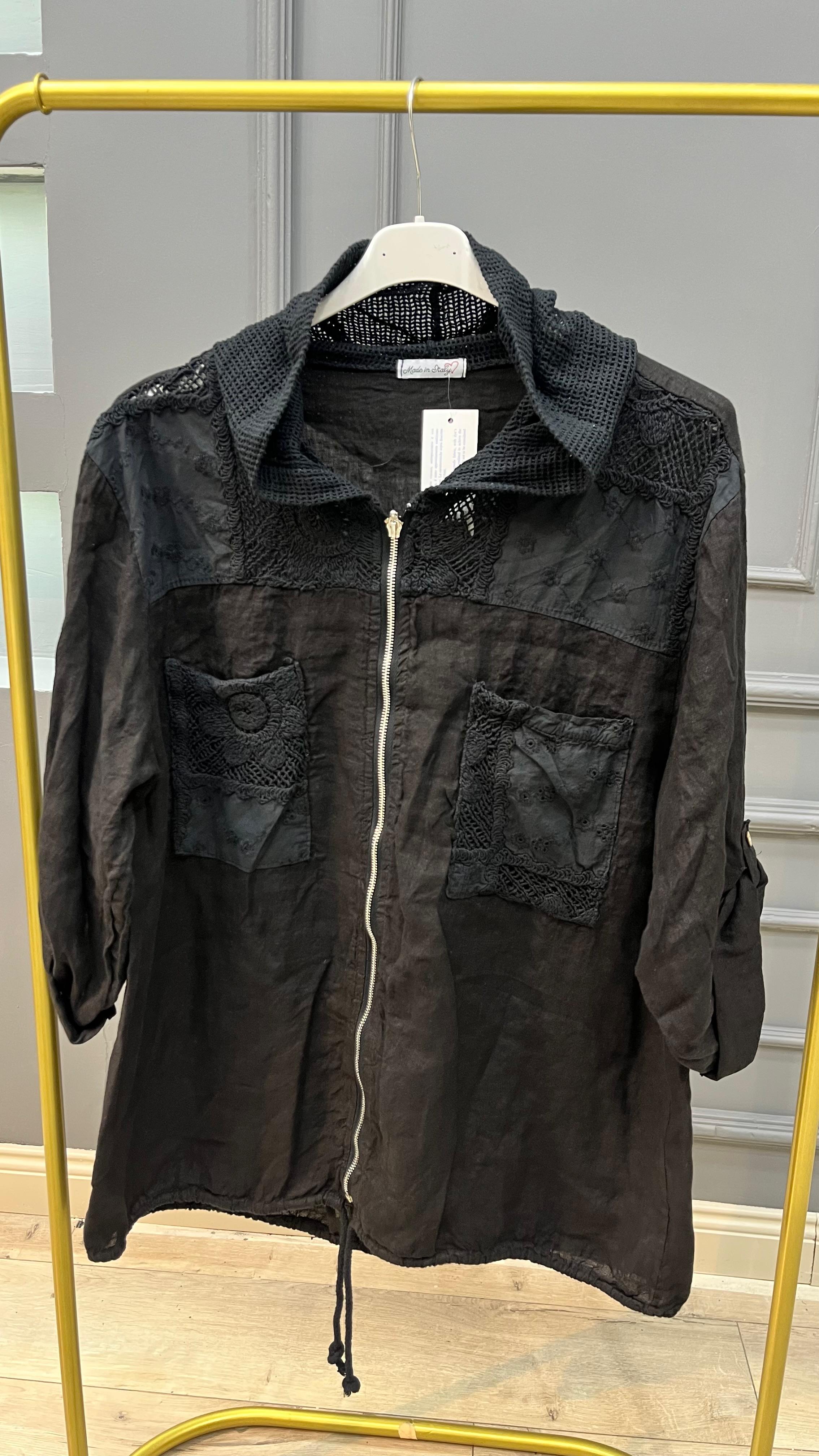 Keten Fermuarlı Bluz - Siyah