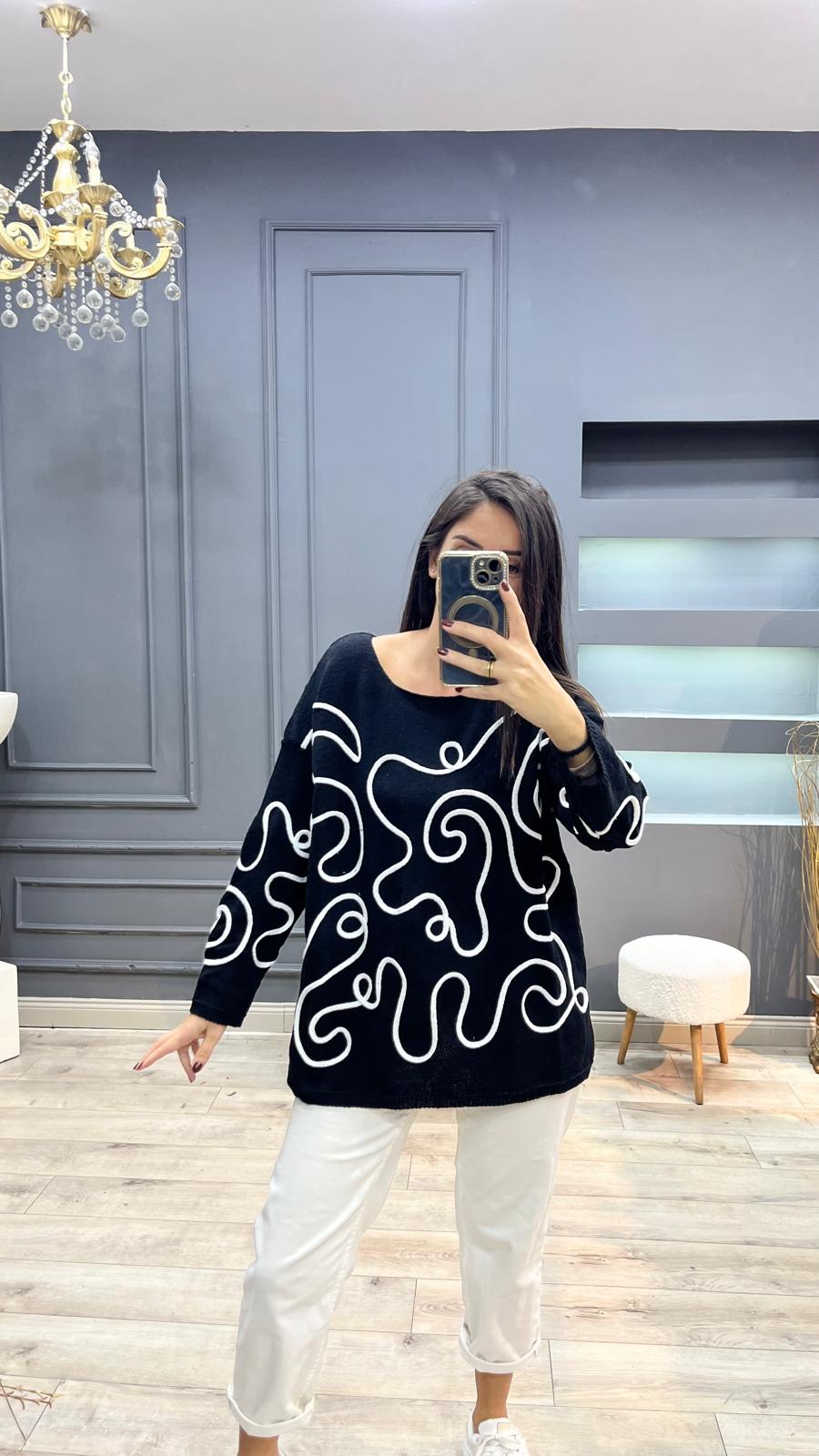 Çizgili İtalyan Bluz - Siyah