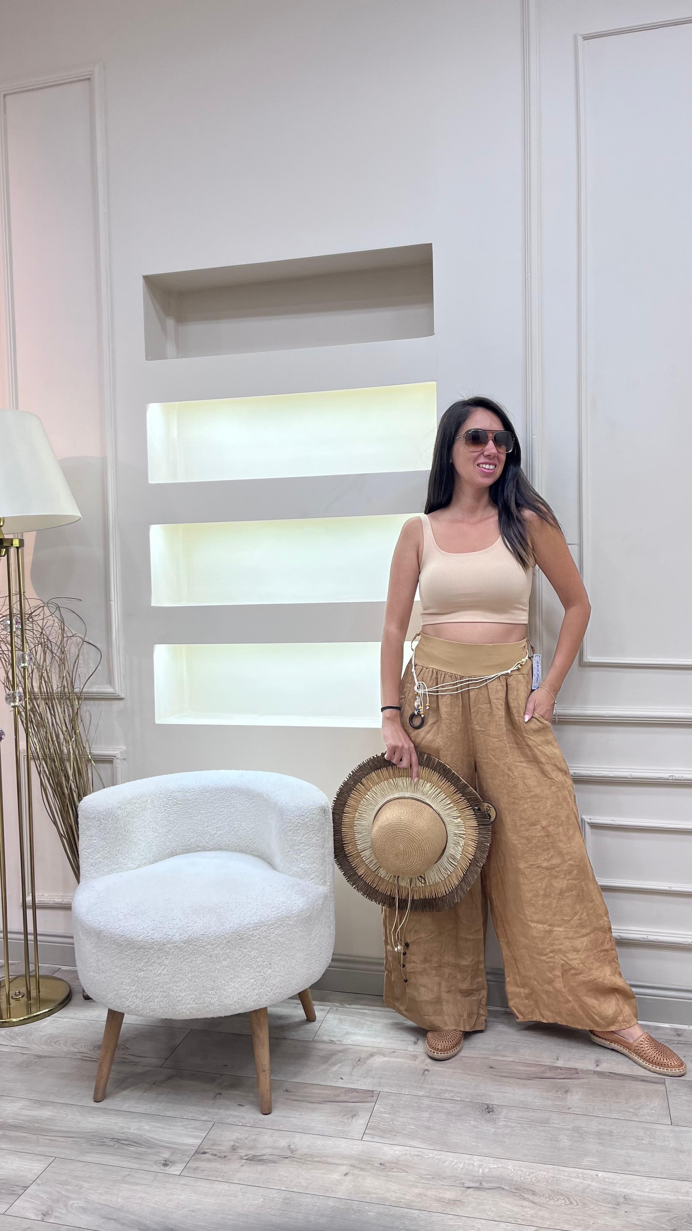 Beli Korsajlı Keten Pantolon - Bej