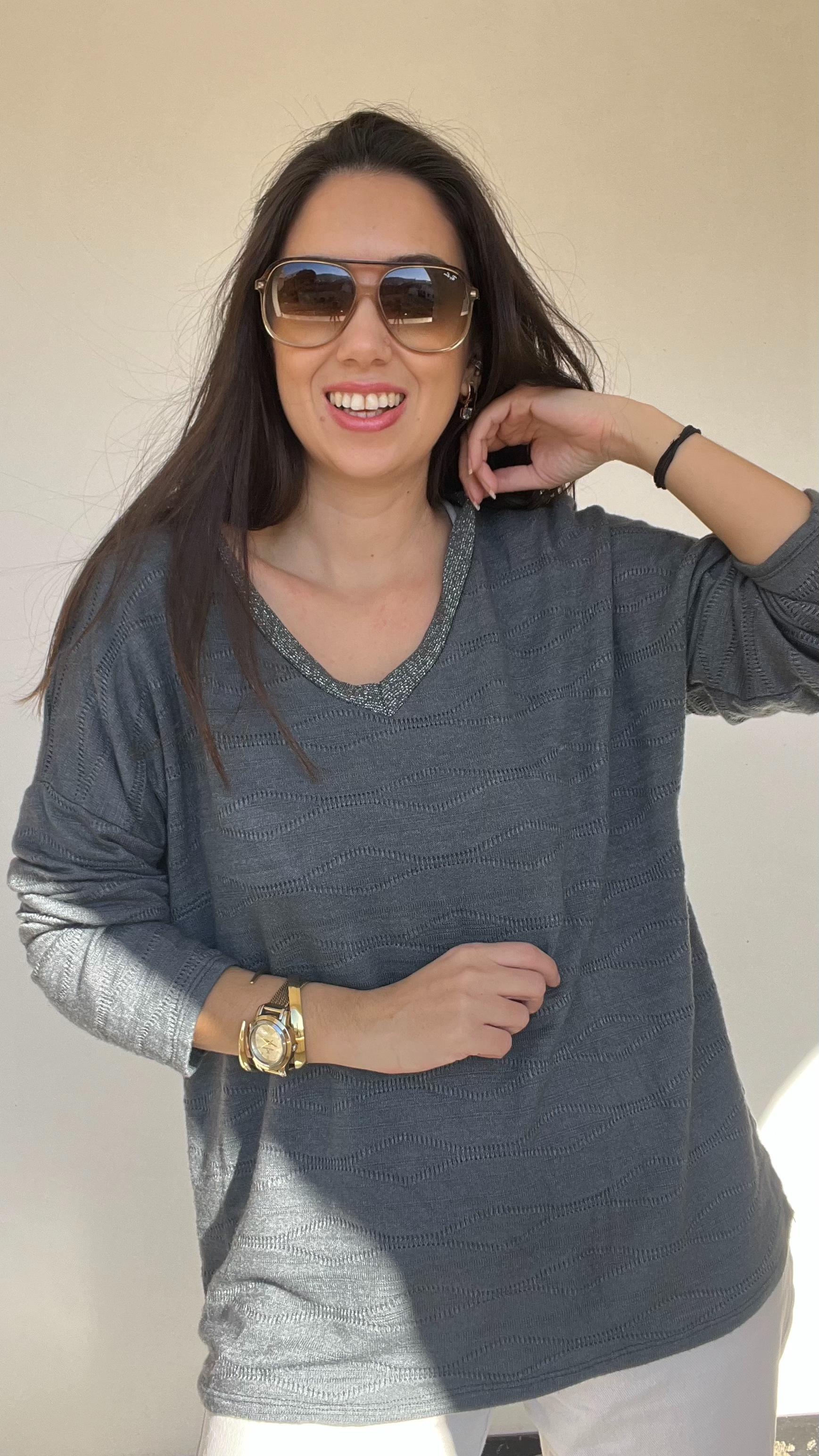 V Yaka İtalyan Bluz - Gri