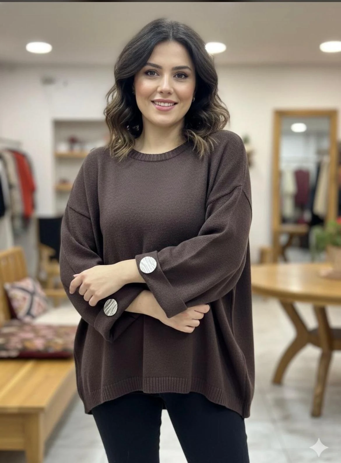 Kol düğmeli italyan angora bluz - Kahverengi