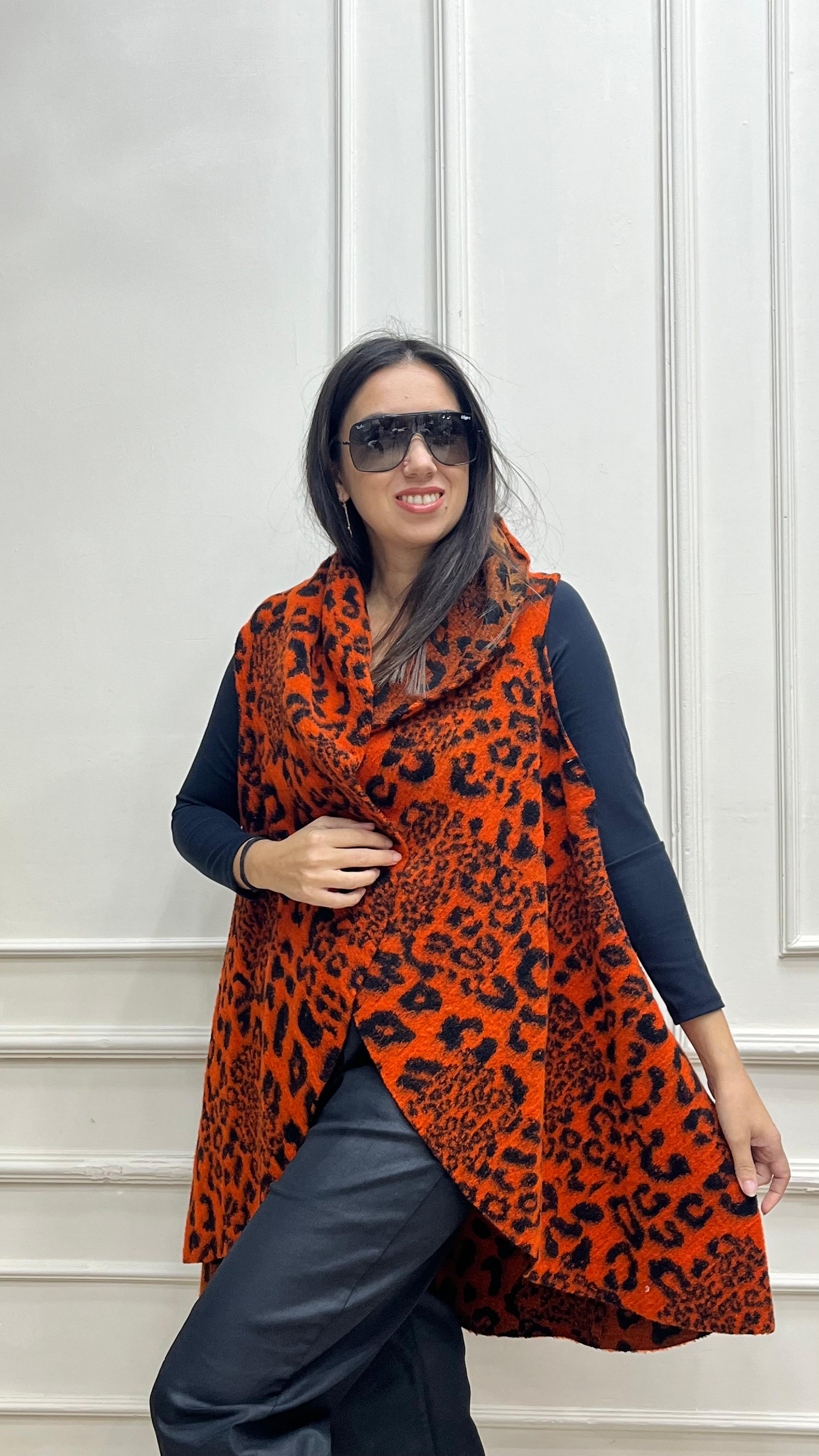 Leopar Desenli Keçe Yelek - Turuncu