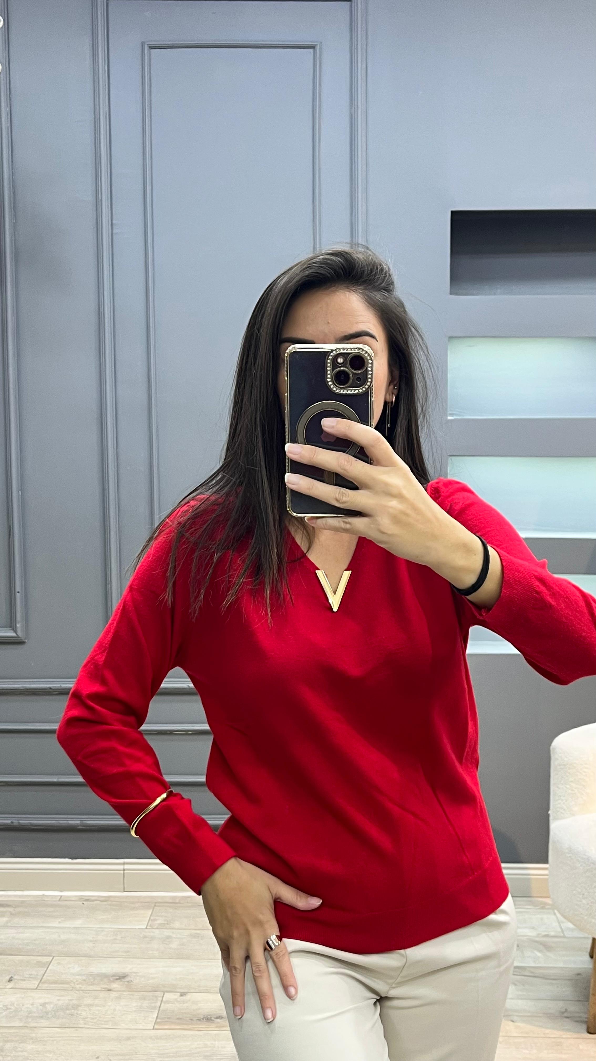 Aksesuarlı V Yaka Triko