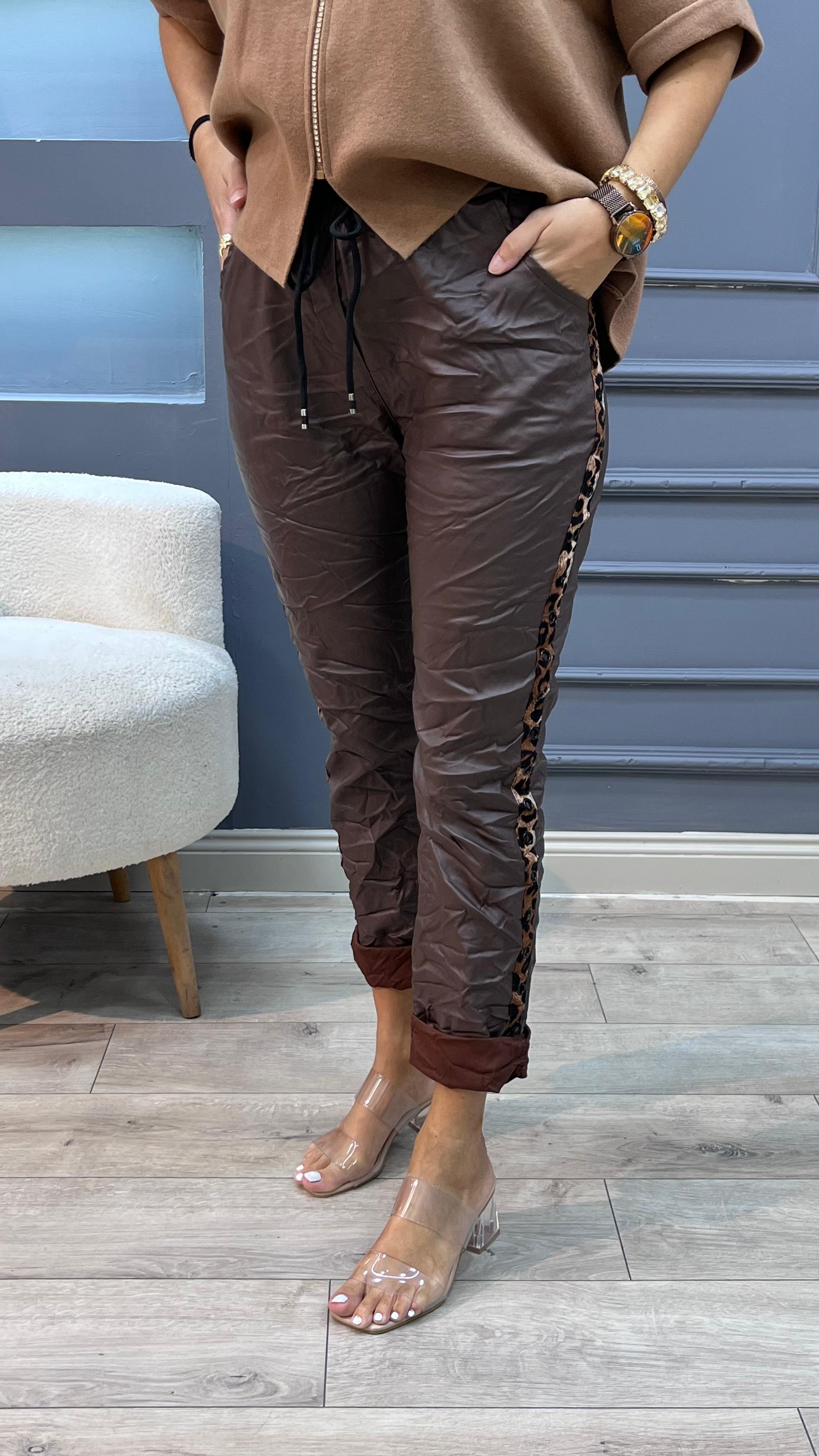 Leopar Şeritli Deri Pantolon