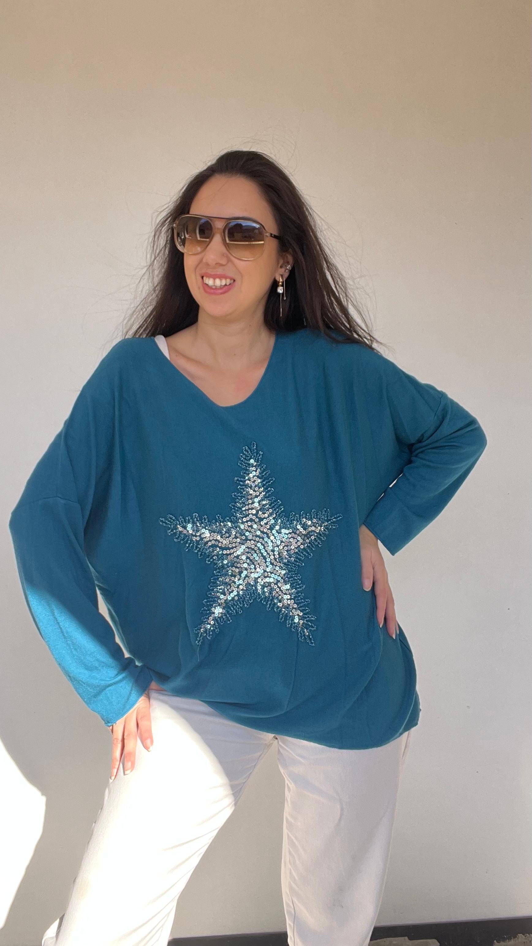 Standart Yıldız Desenli Bluz - Petrol