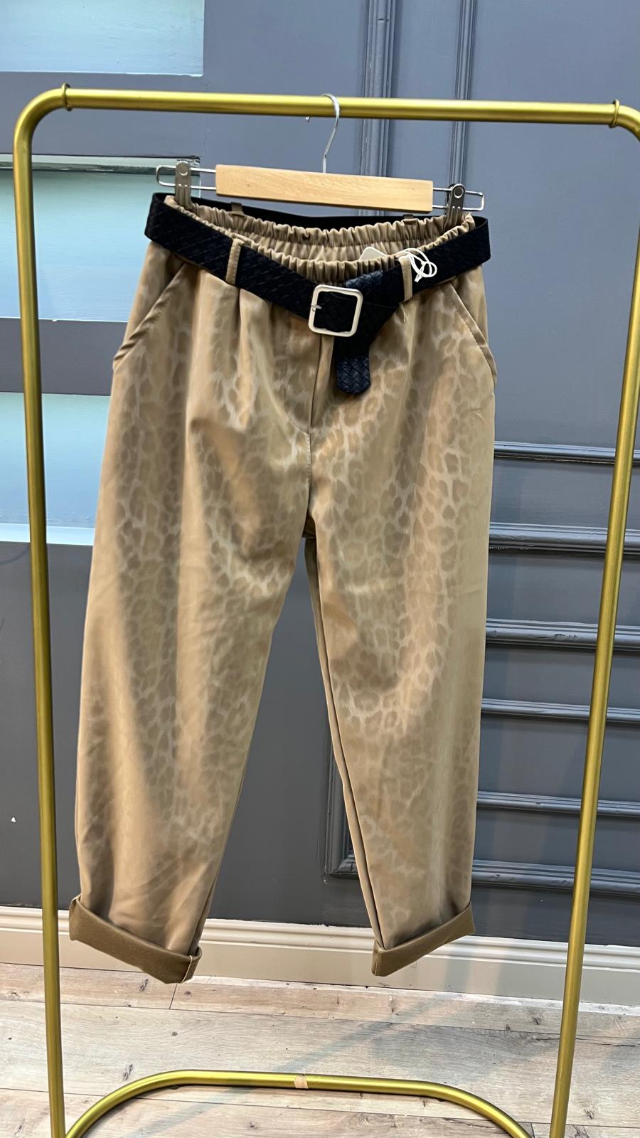 Leoparlı Mumlu Pantolon - Camel