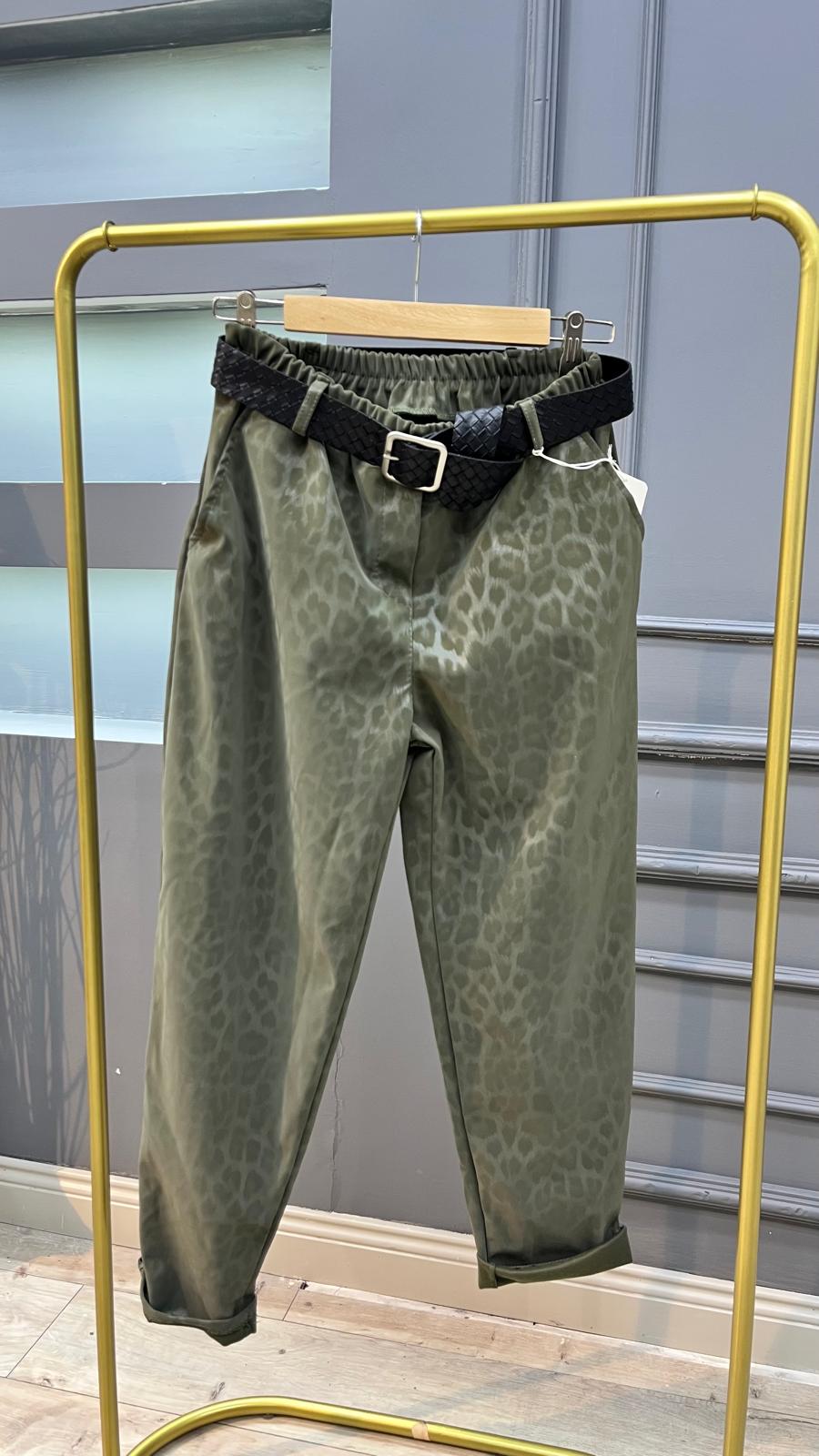 Leoparlı Mumlu Pantolon - Haki