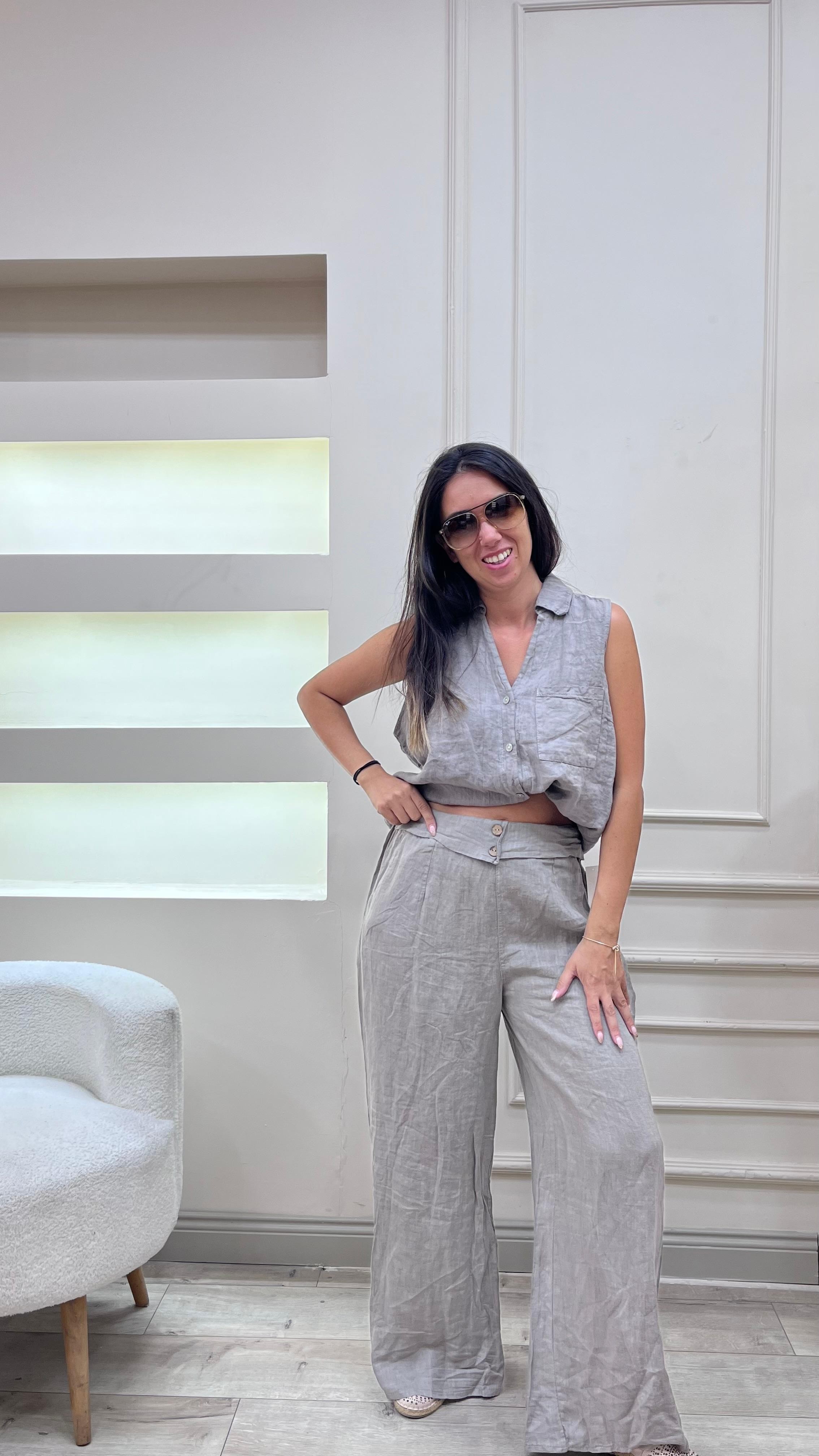 Düğme Detaylı Keten Pantolon - Gri