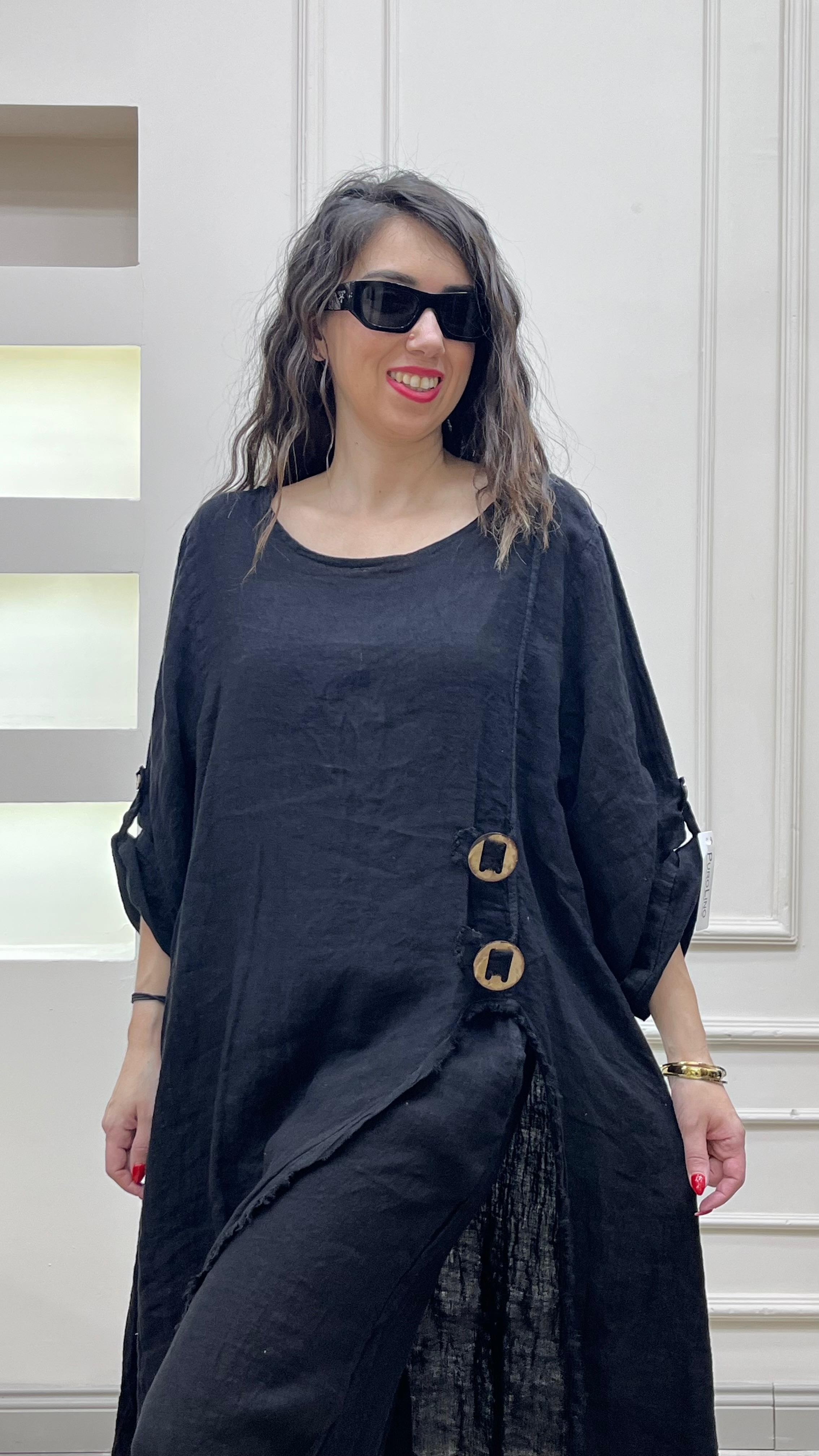 Düğmeli Keten Takım - Siyah