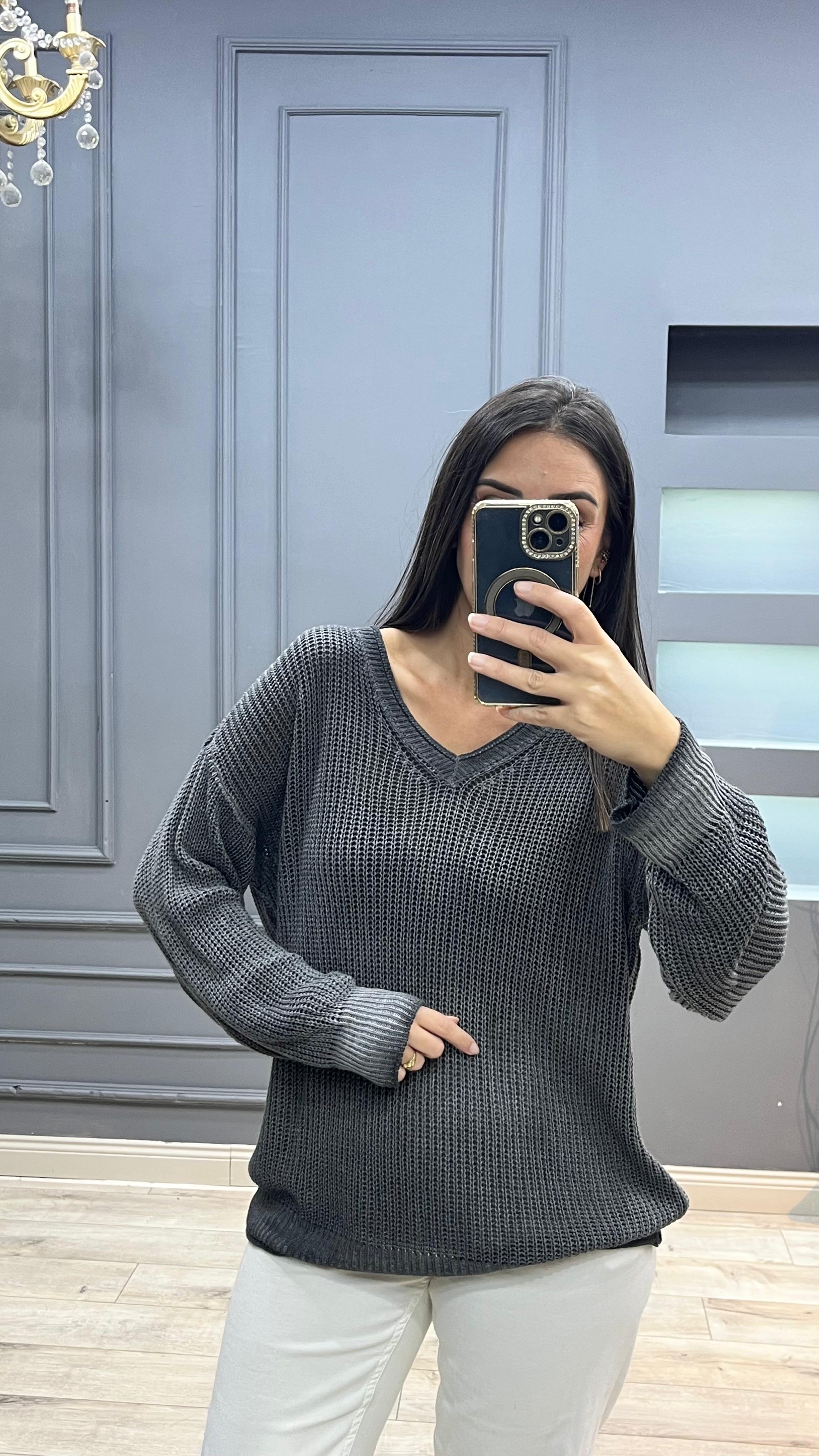 V Yaka İtalyan Triko Bluz - Antrasit