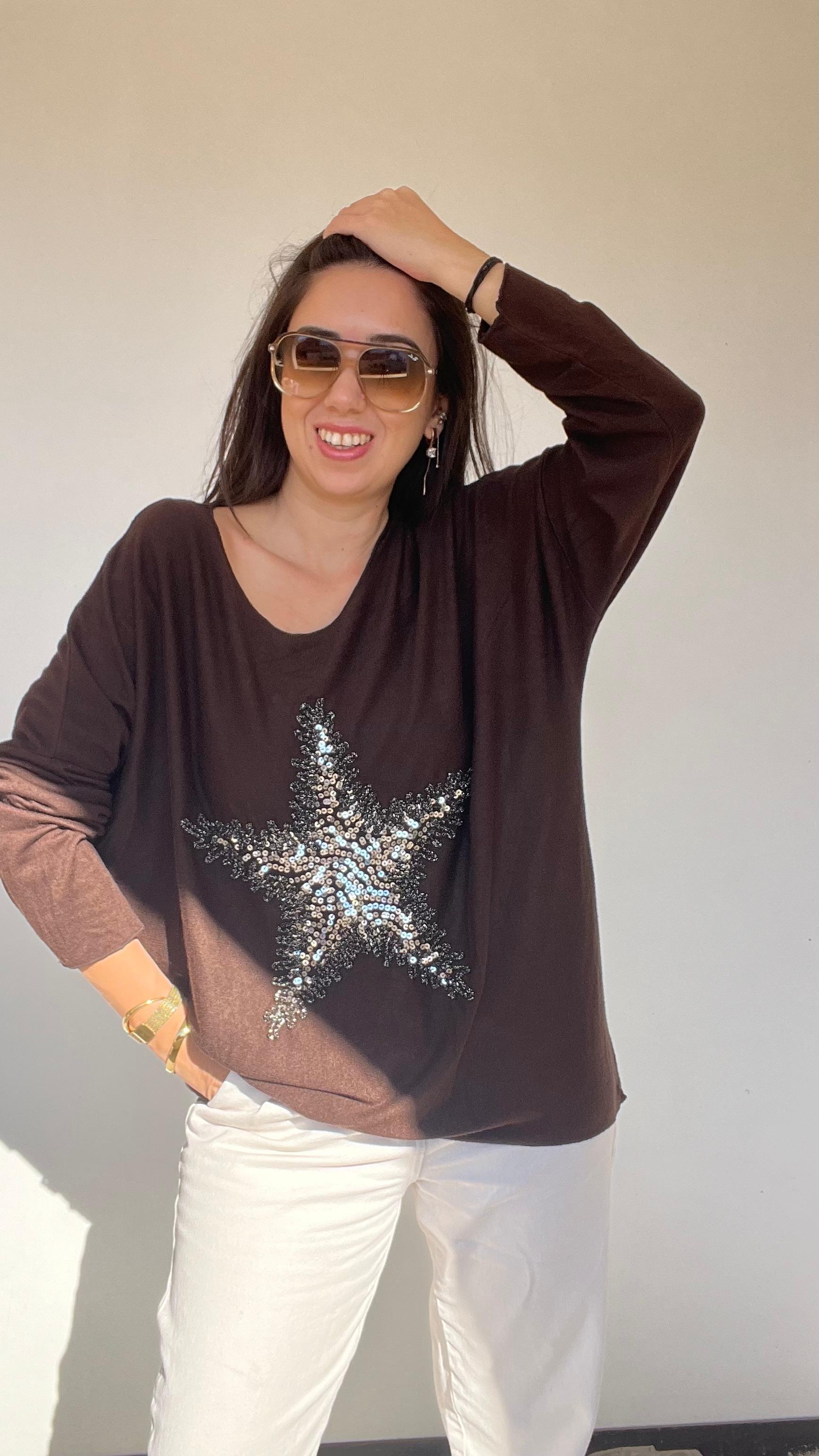 Standart Yıldız Desenli Bluz - Kahverengi