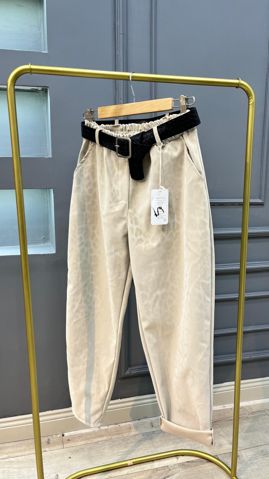 Leoparlı Mumlu Pantolon - Beyaz