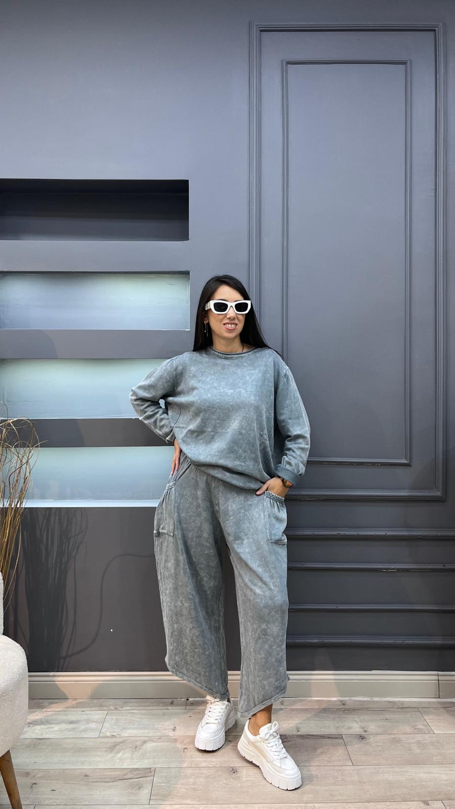 Yıkamalı Triko Takım - Gri