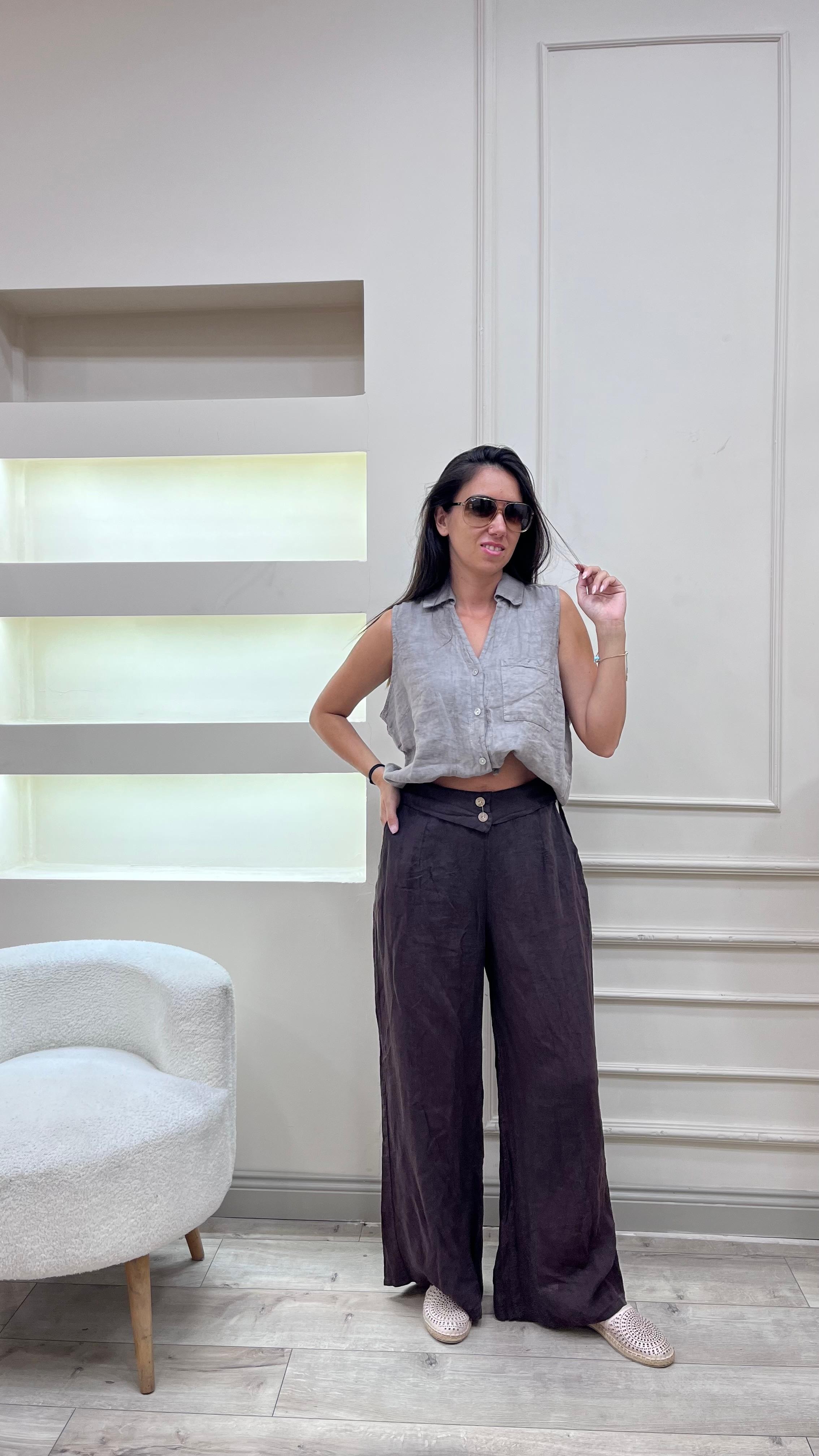 Düğme Detaylı Keten Pantolon - Acı Kahve