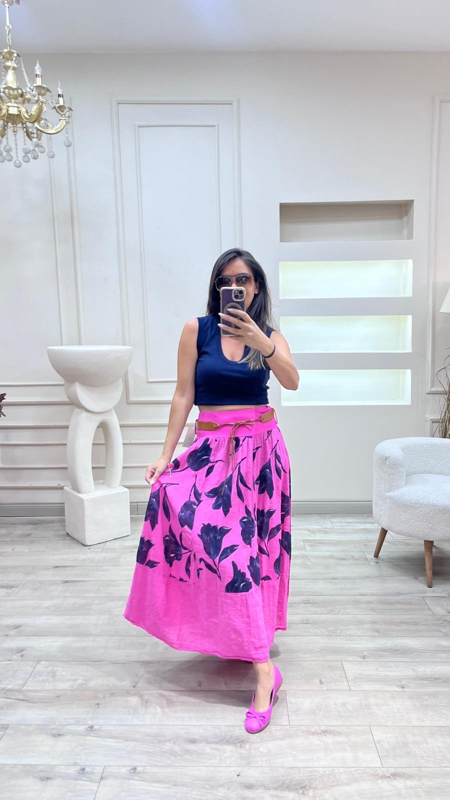 Beli Korsajlı Keten Etek - Pembe