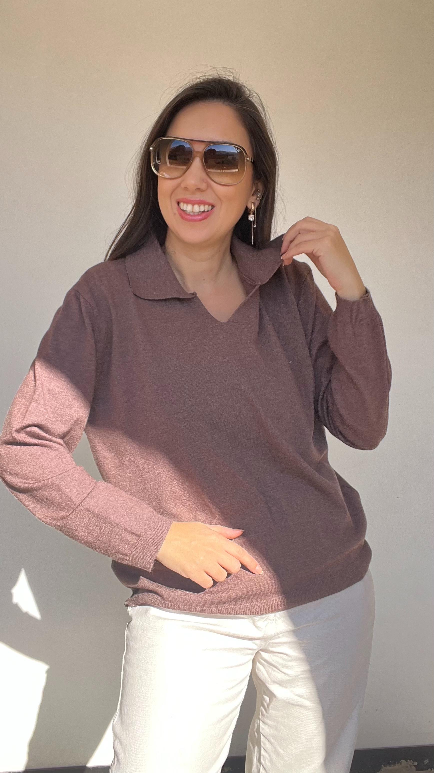 Polo Yaka İtalyan Angora Bluz - Açık Kahverengi