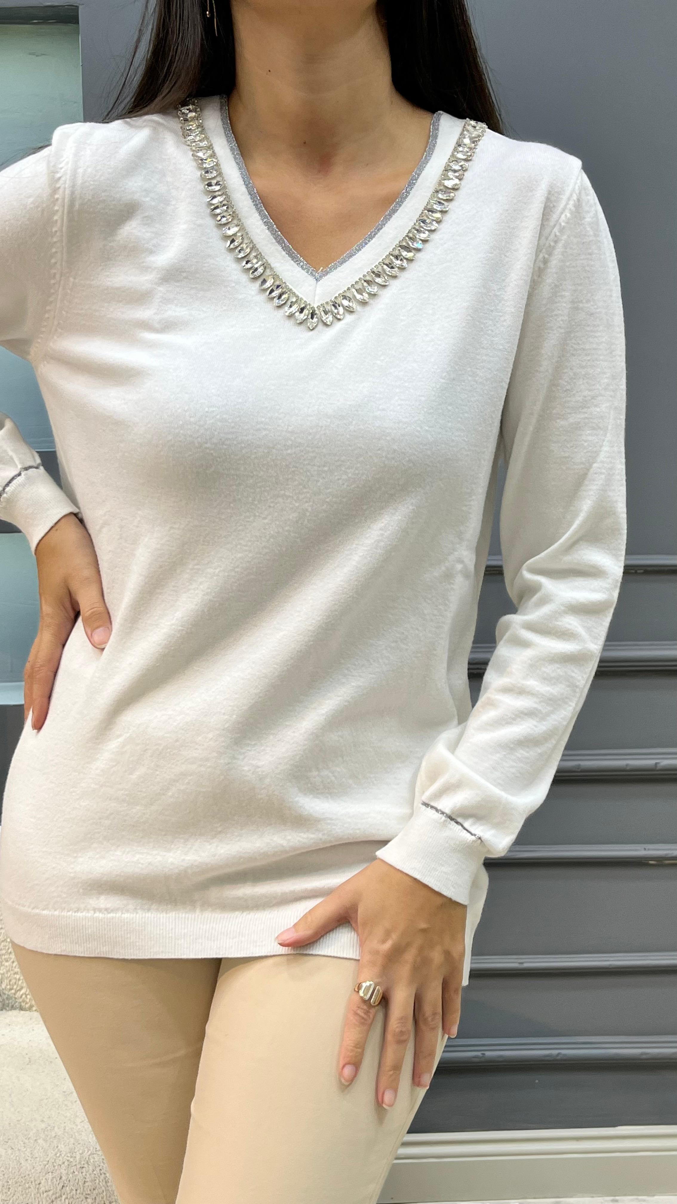 V Yaka Taşlı Triko - Beyaz