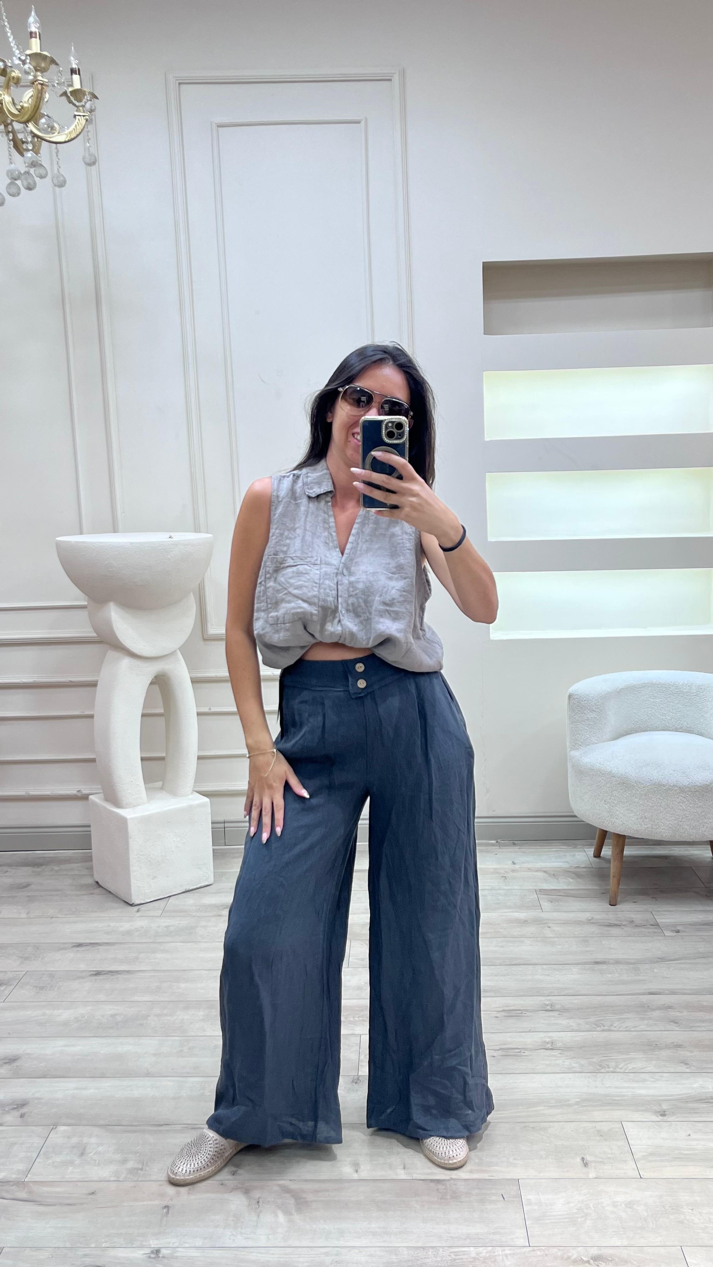 Düğme Detaylı Keten Pantolon - Füme
