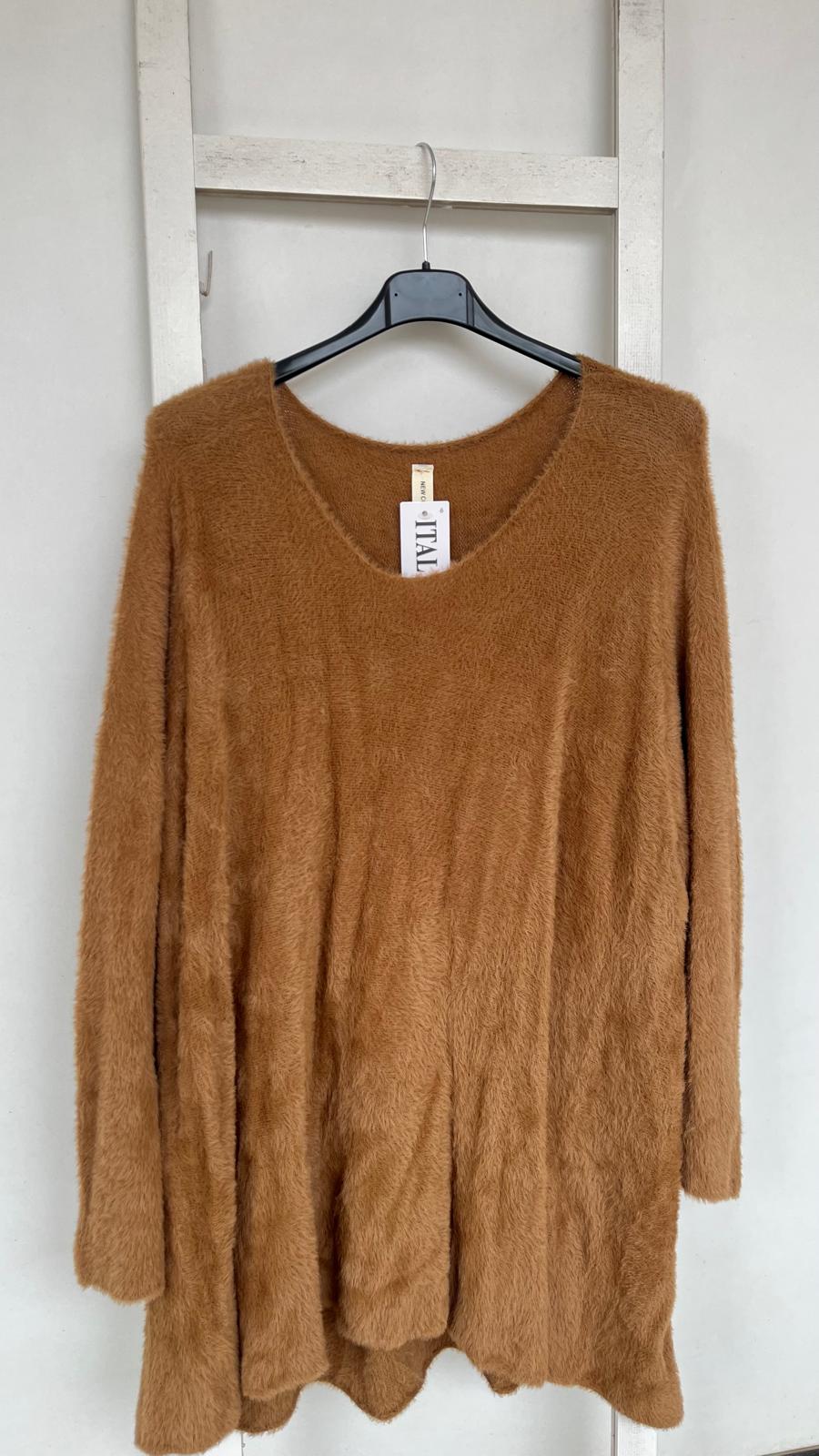 V Yaka Angora Bluz - Camel