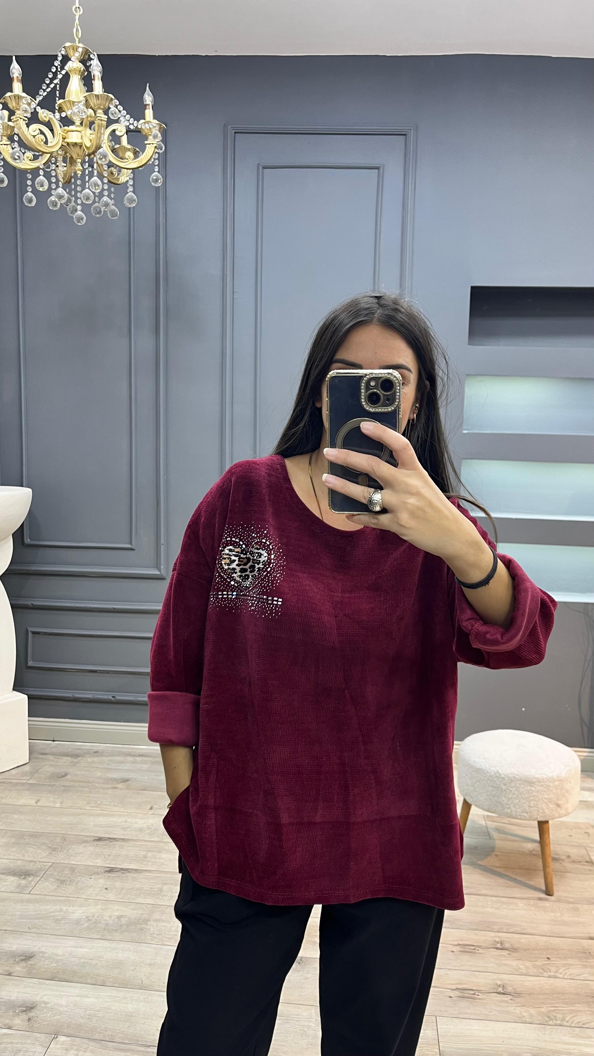 Kadife Büyük Beden Bluz - Bordo