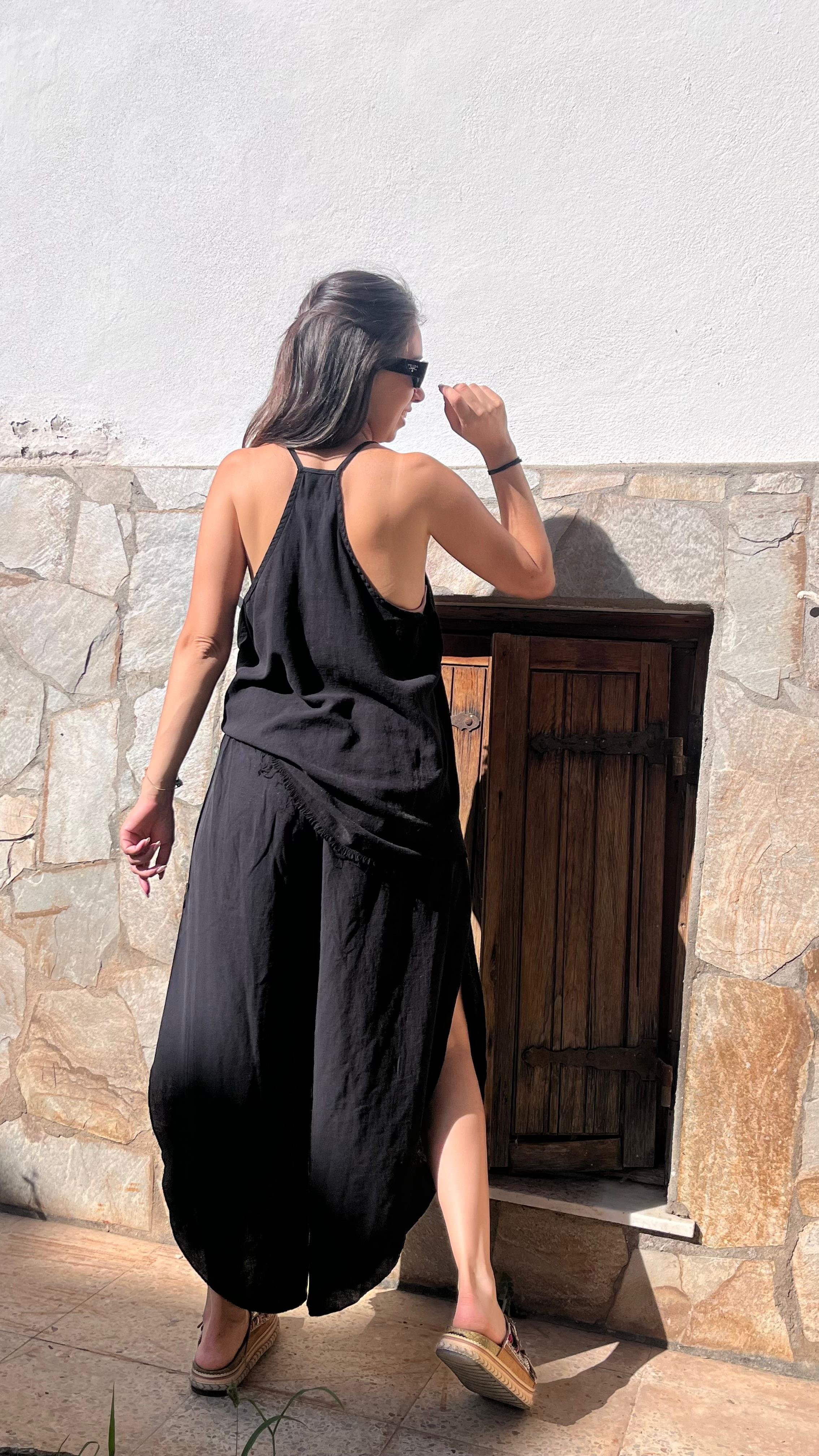 Yırtmaçlı Keten Pantolon - Siyah