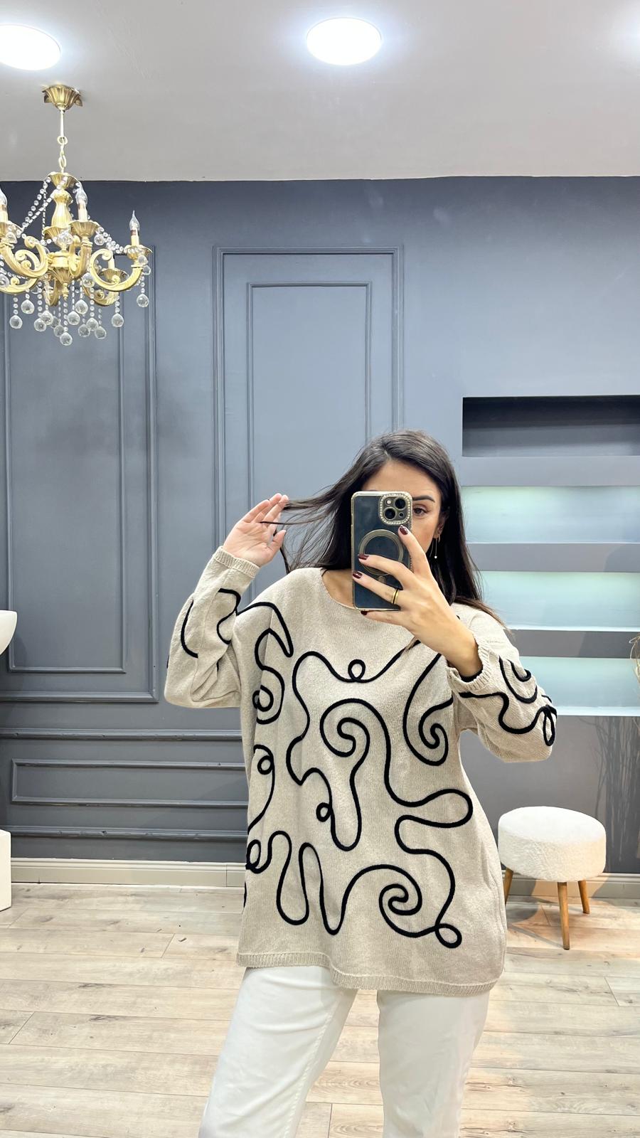 Çizgili İtalyan Bluz - Taş