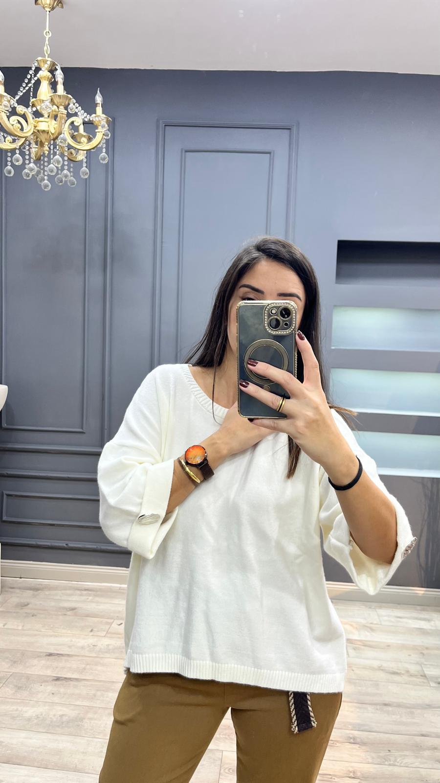 Kol düğmeli italyan angora bluz - Krem