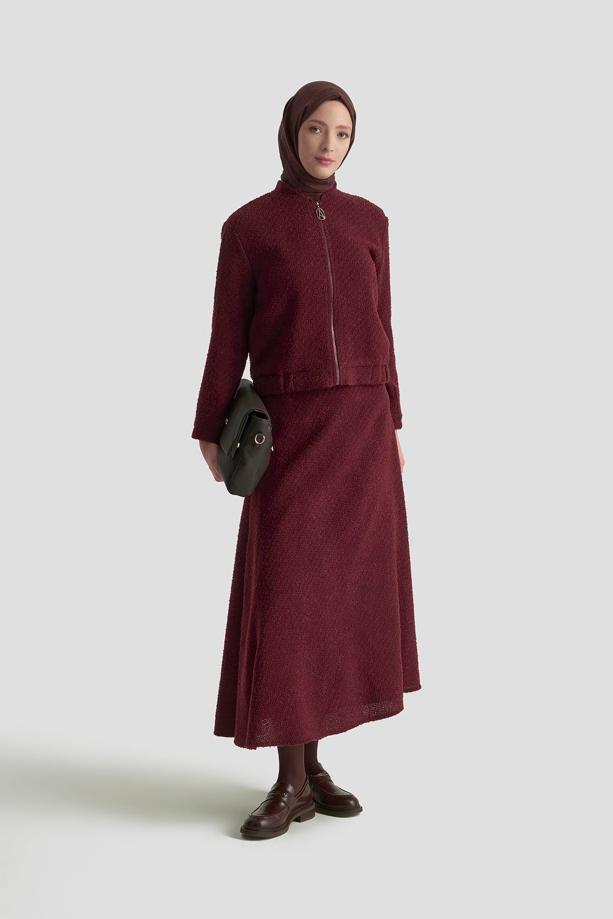 ARMİNE TREND Bomber Ceketli Fermuarlı Astarlı Tüvit Etekli İkili Takım Bordo