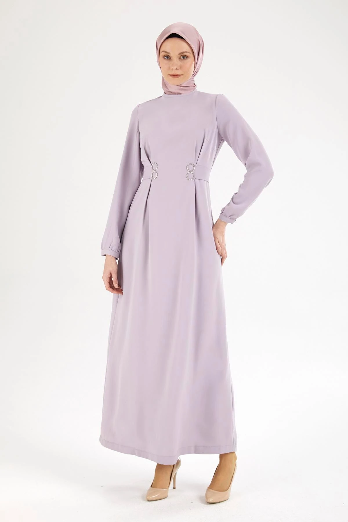 Belden Halka Desenli Elbise Lila