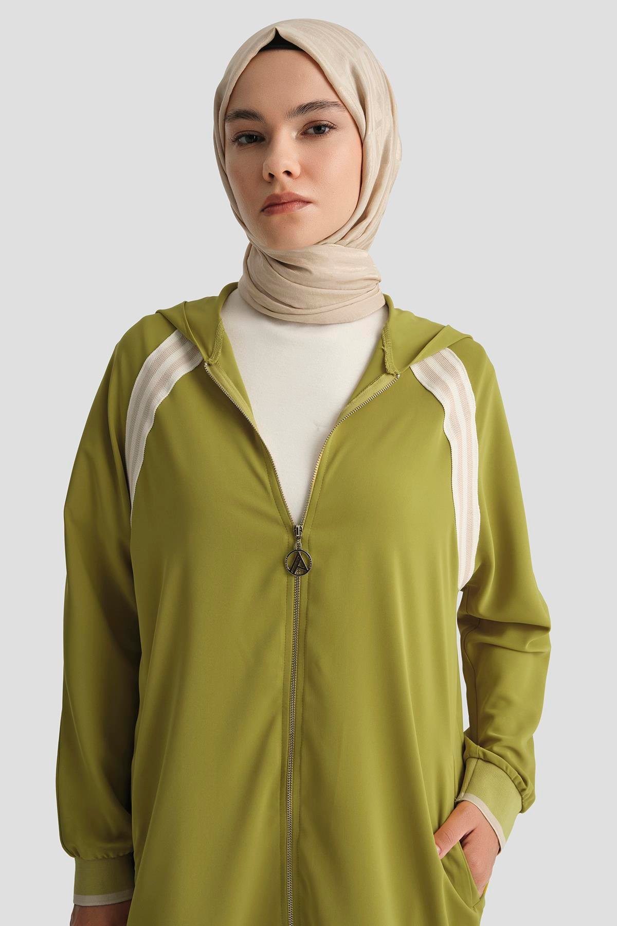 Boydan Fermuarlı Kapüşonlu Tunik