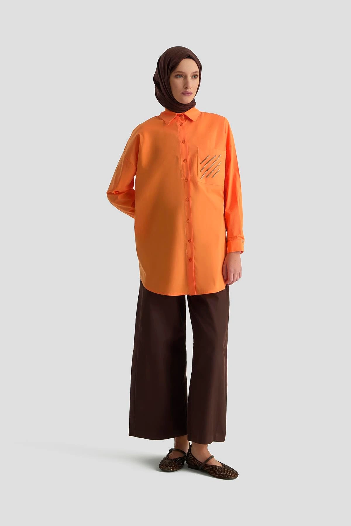 Gömlek Yaka Taş Detaylı Tunik-Oranj