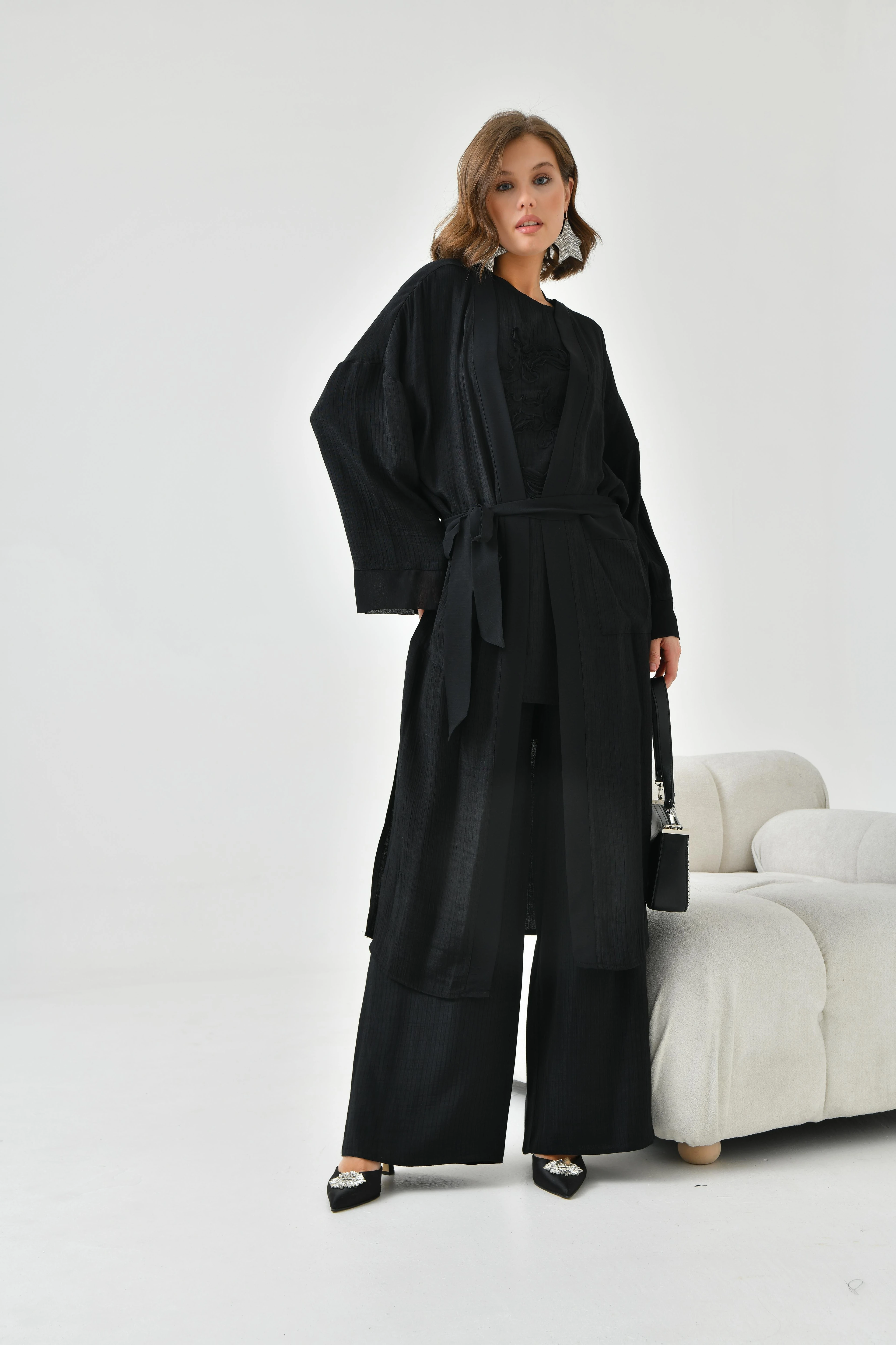 Kadın Nakışlı 3'lü Keten Takım - Siyah