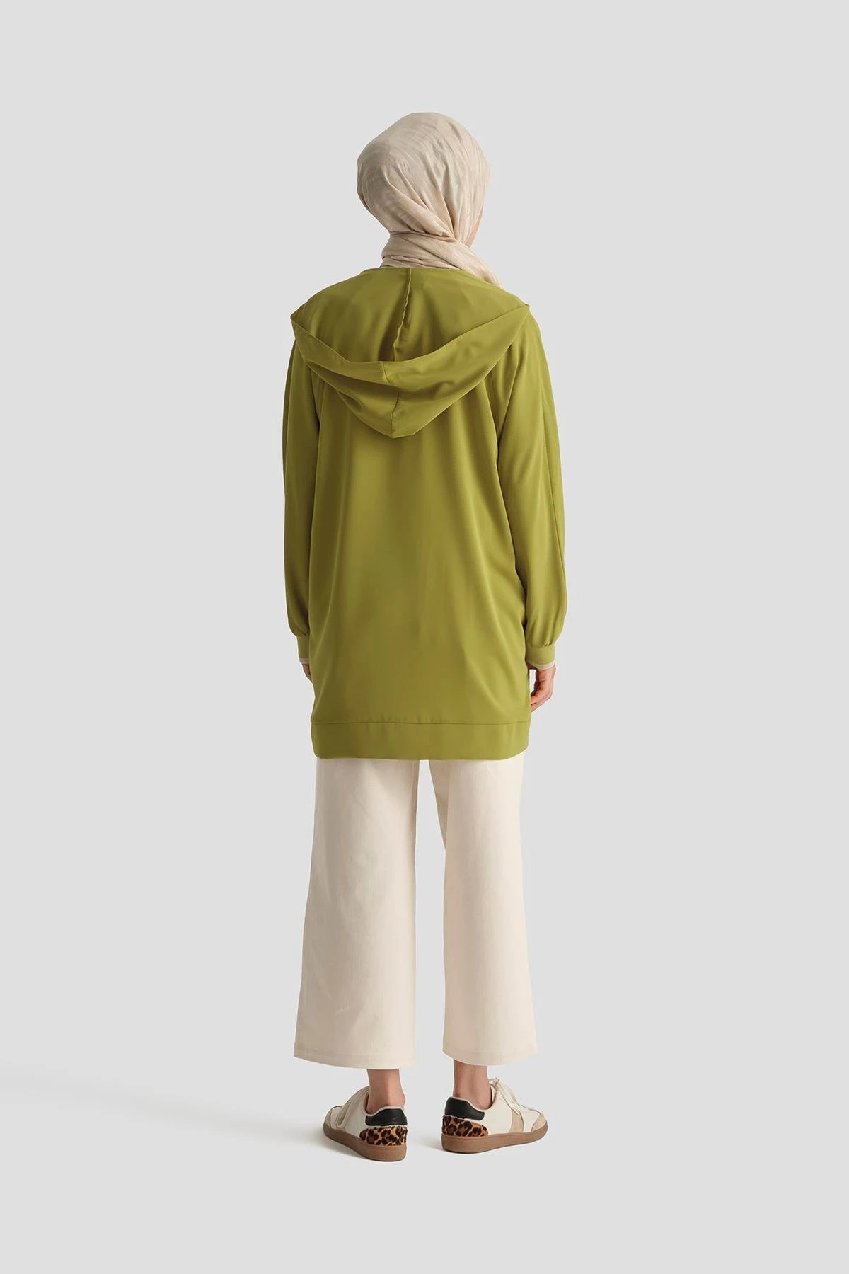 Boydan Fermuarlı Kapüşonlu Tunik