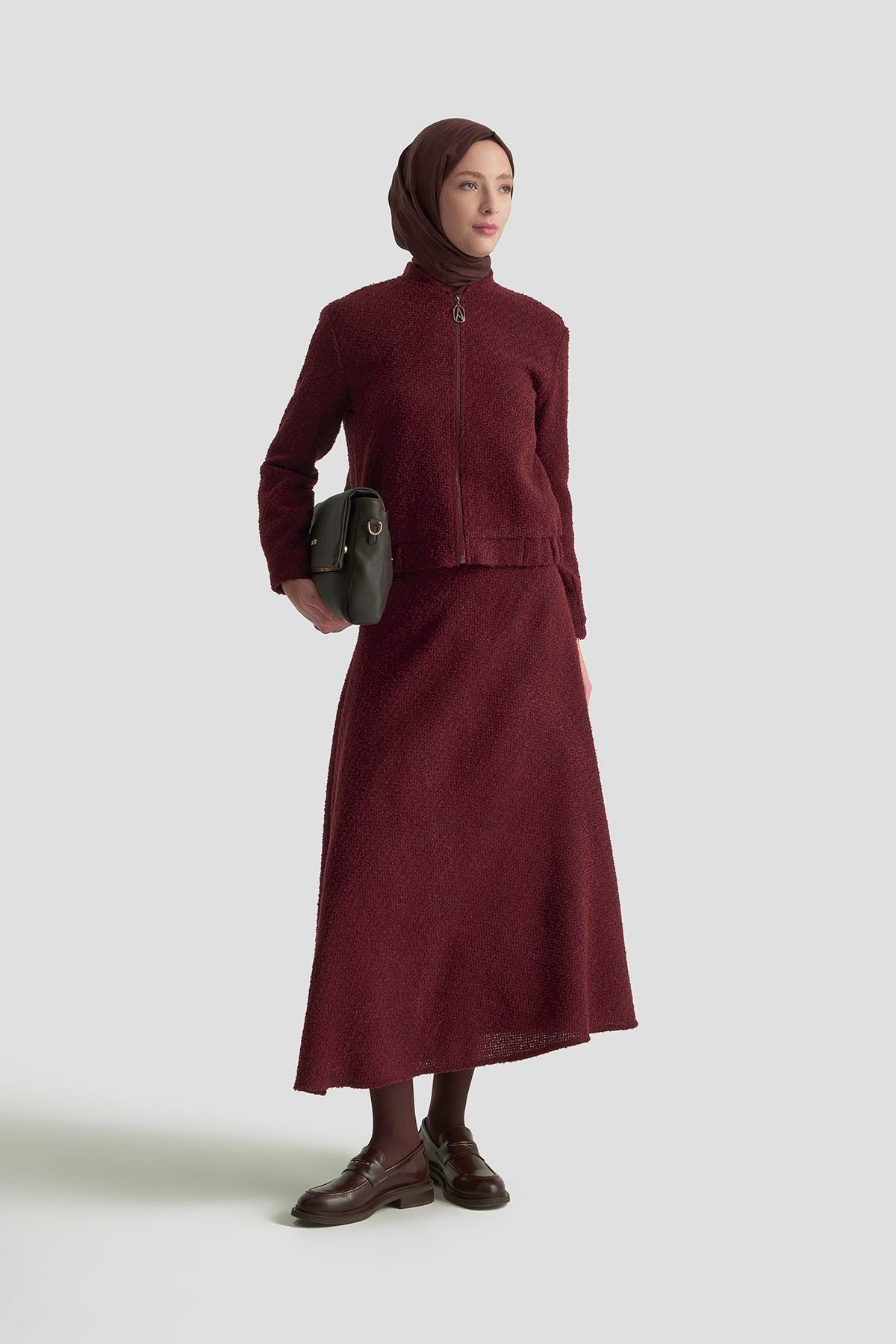 ARMİNE TREND Bomber Ceketli Fermuarlı Astarlı Tüvit Etekli İkili Takım Bordo