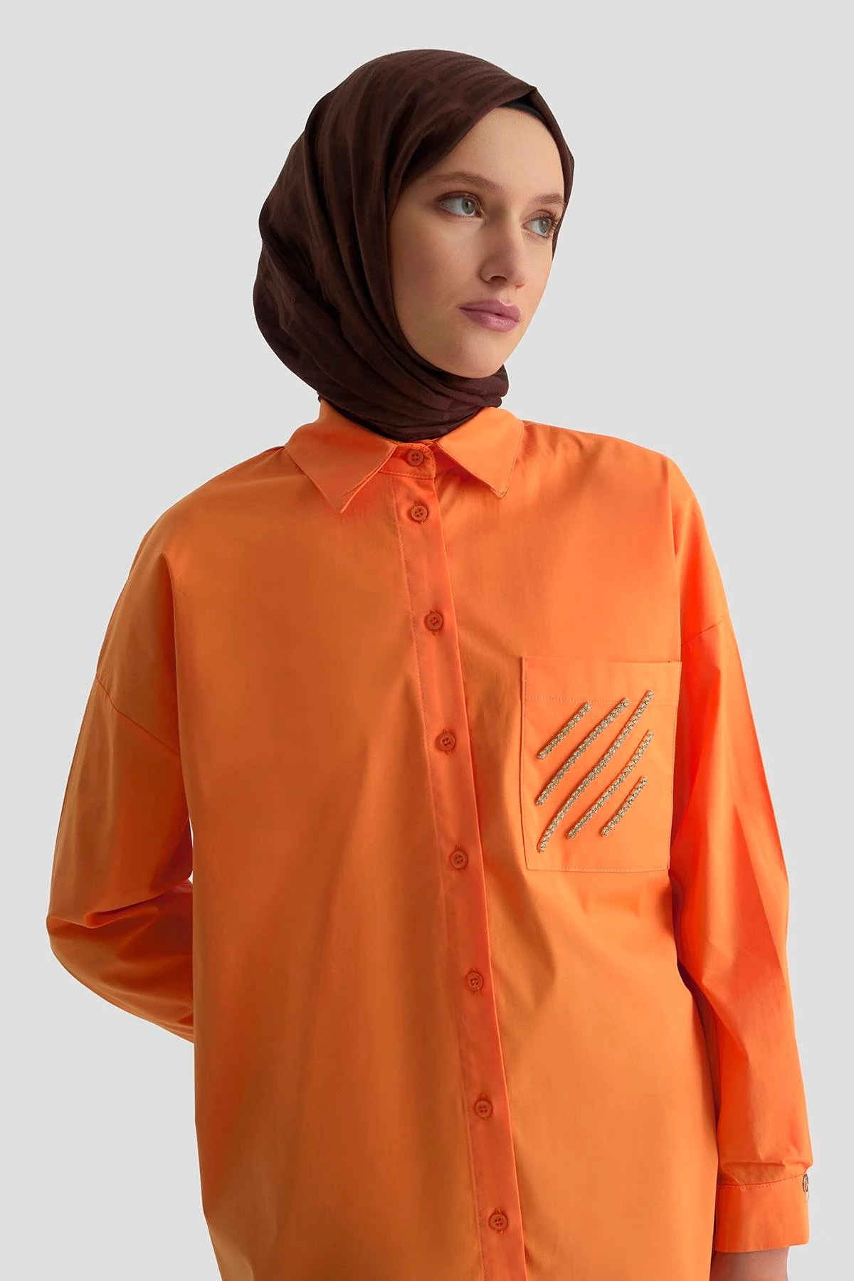 Gömlek Yaka Taş Detaylı Tunik-Oranj