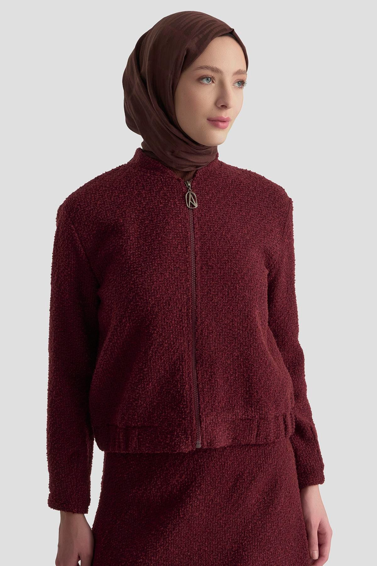 ARMİNE TREND Bomber Ceketli Fermuarlı Astarlı Tüvit Etekli İkili Takım Bordo