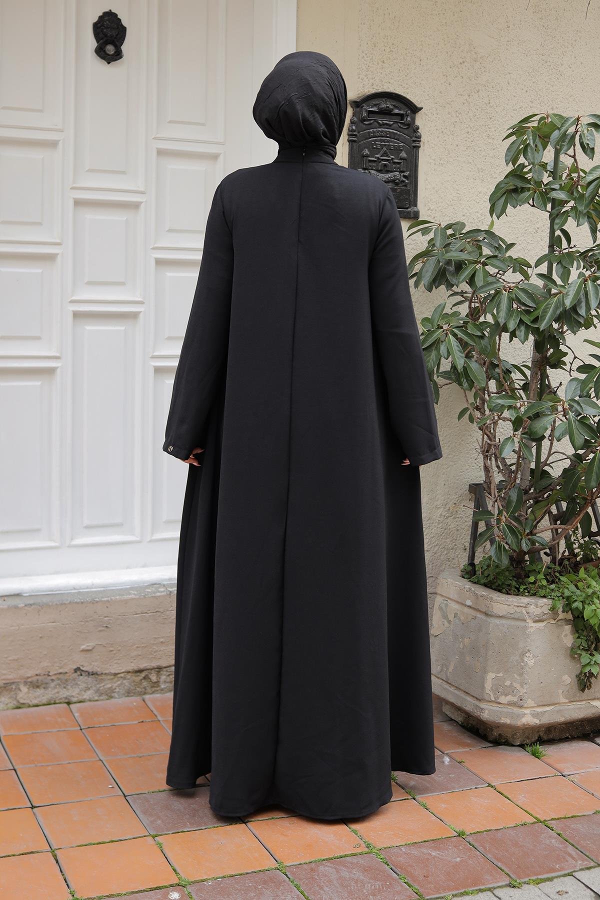 Boydan Fermuarlu Taş Detaylı Ferace