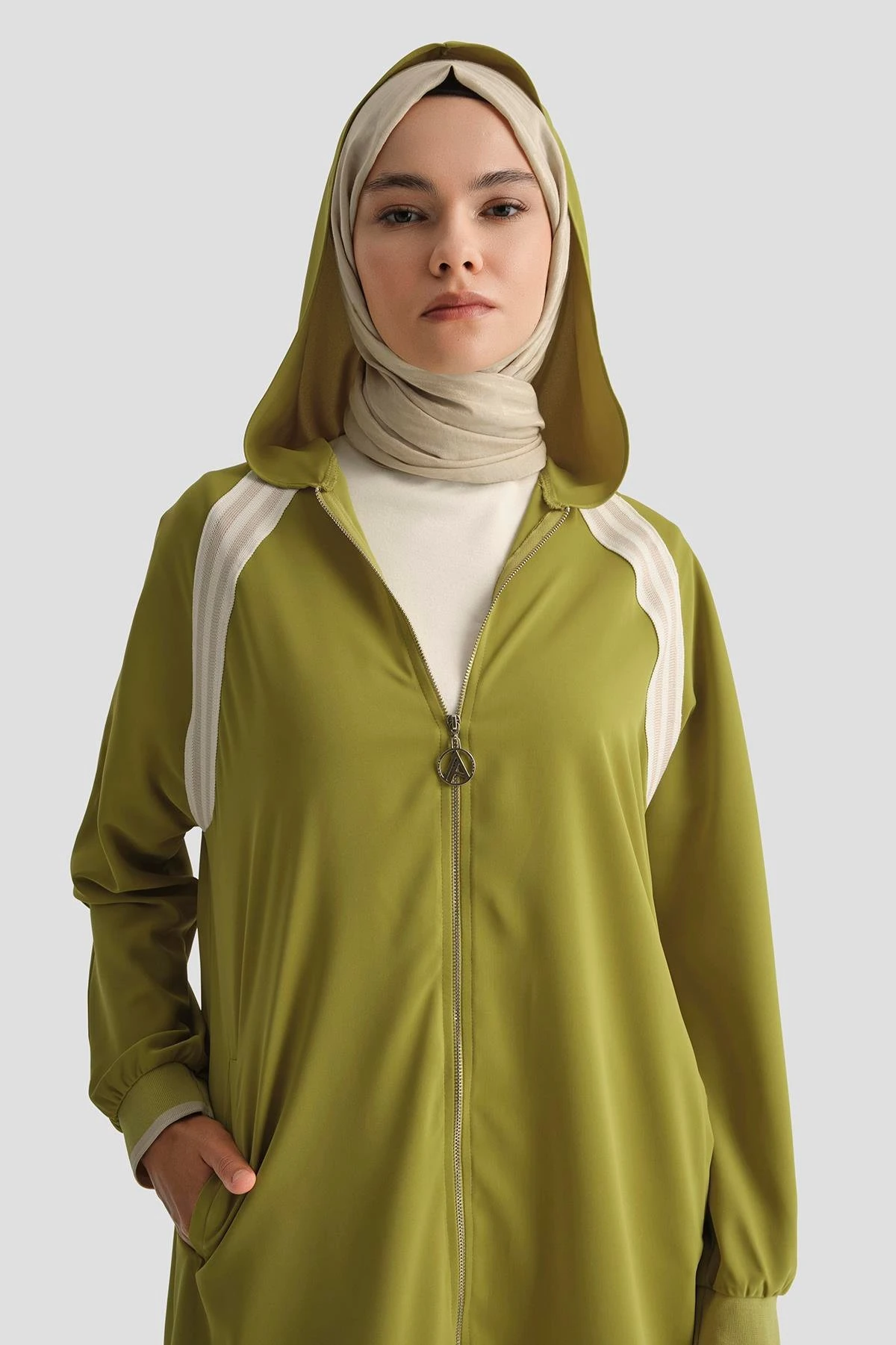 Boydan Fermuarlı Kapüşonlu Tunik