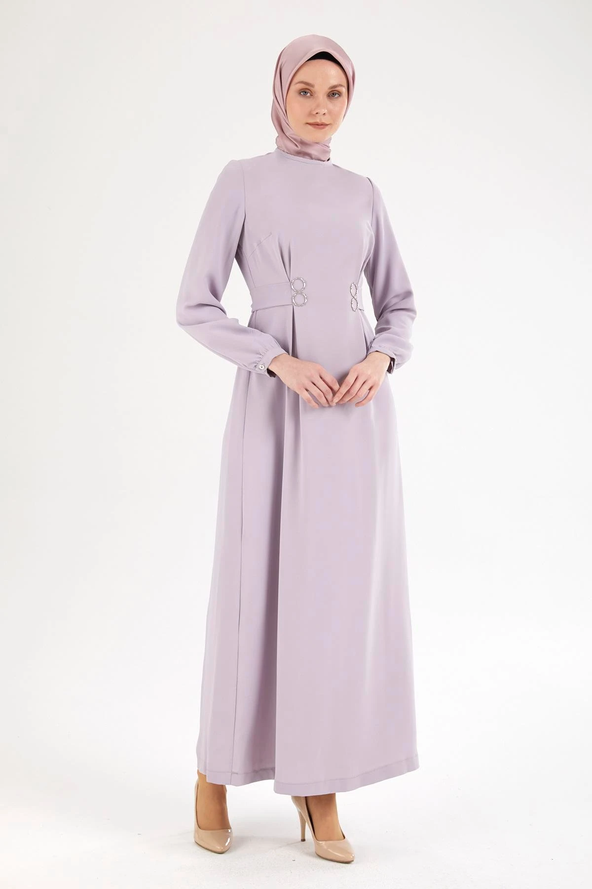 Belden Halka Desenli Elbise Lila