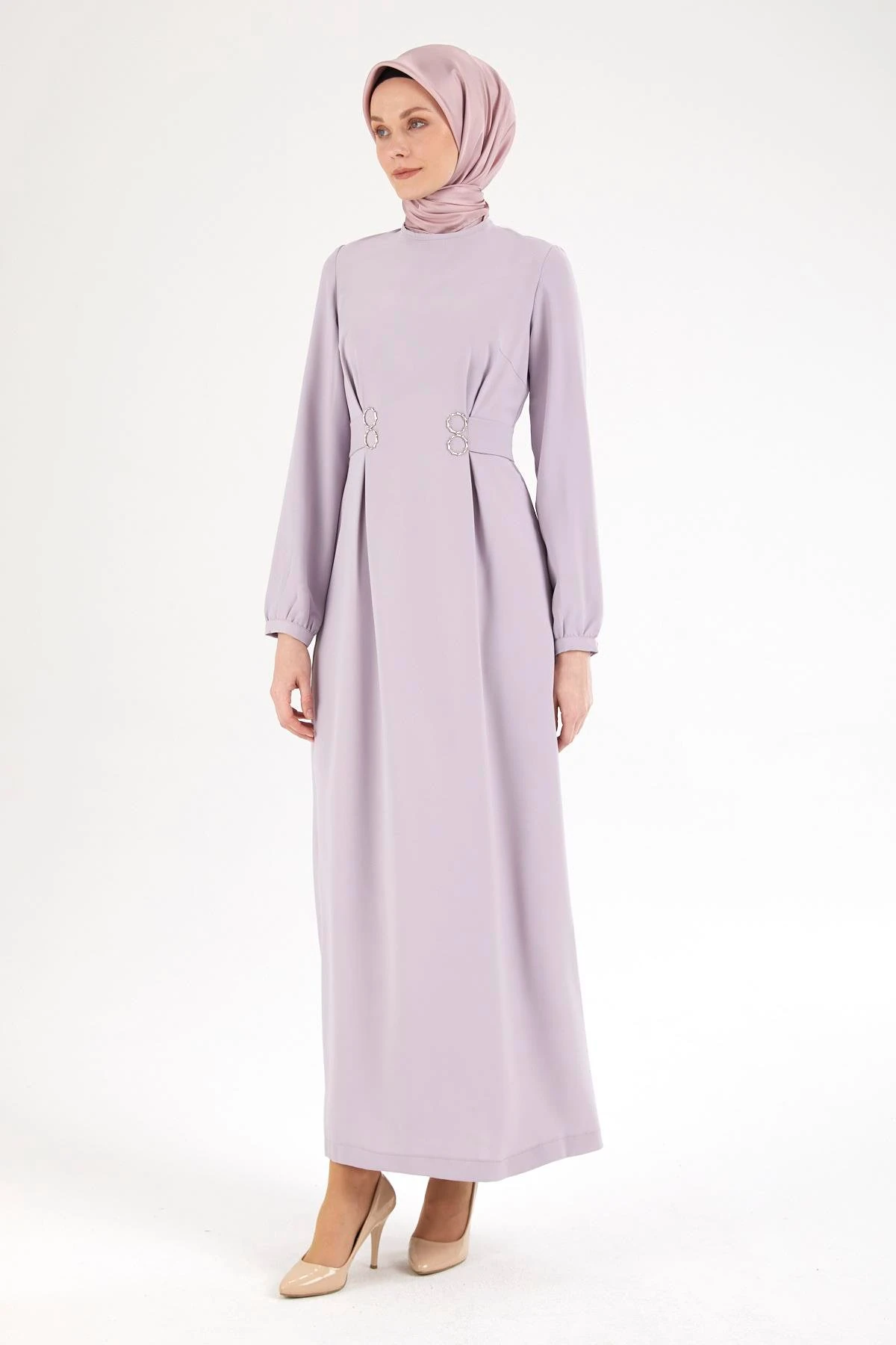 Belden Halka Desenli Elbise Lila