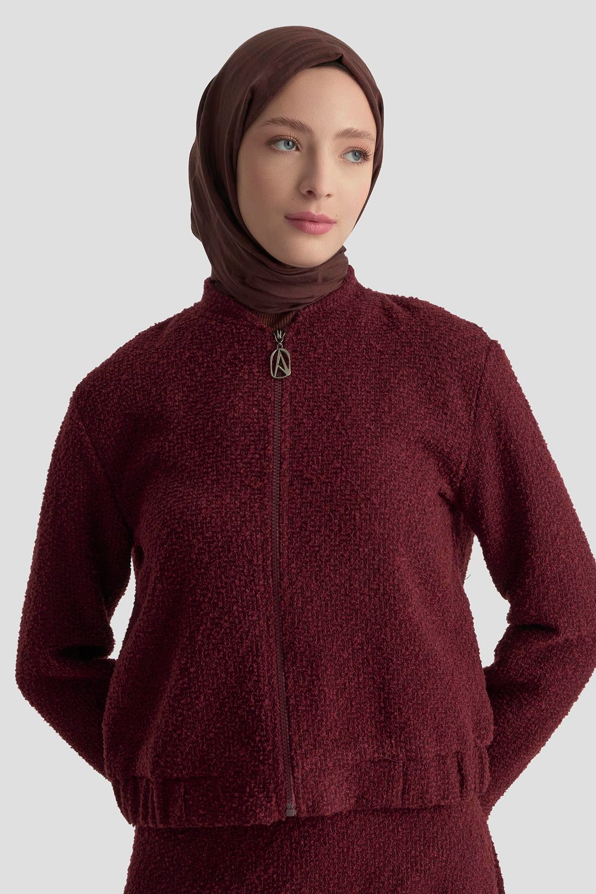 ARMİNE TREND Bomber Ceketli Fermuarlı Astarlı Tüvit Etekli İkili Takım Bordo