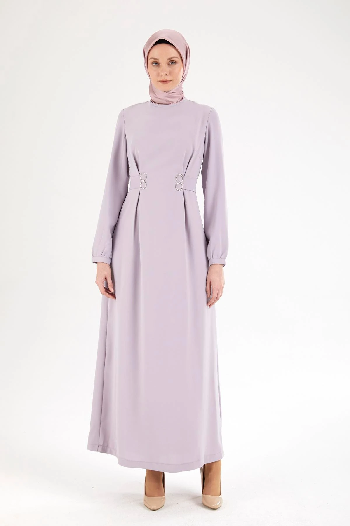 Belden Halka Desenli Elbise Lila