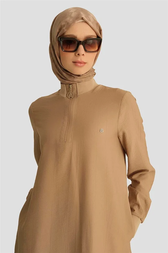 Fermuar Detaylı Tunik 25YT433 Koyu Bej